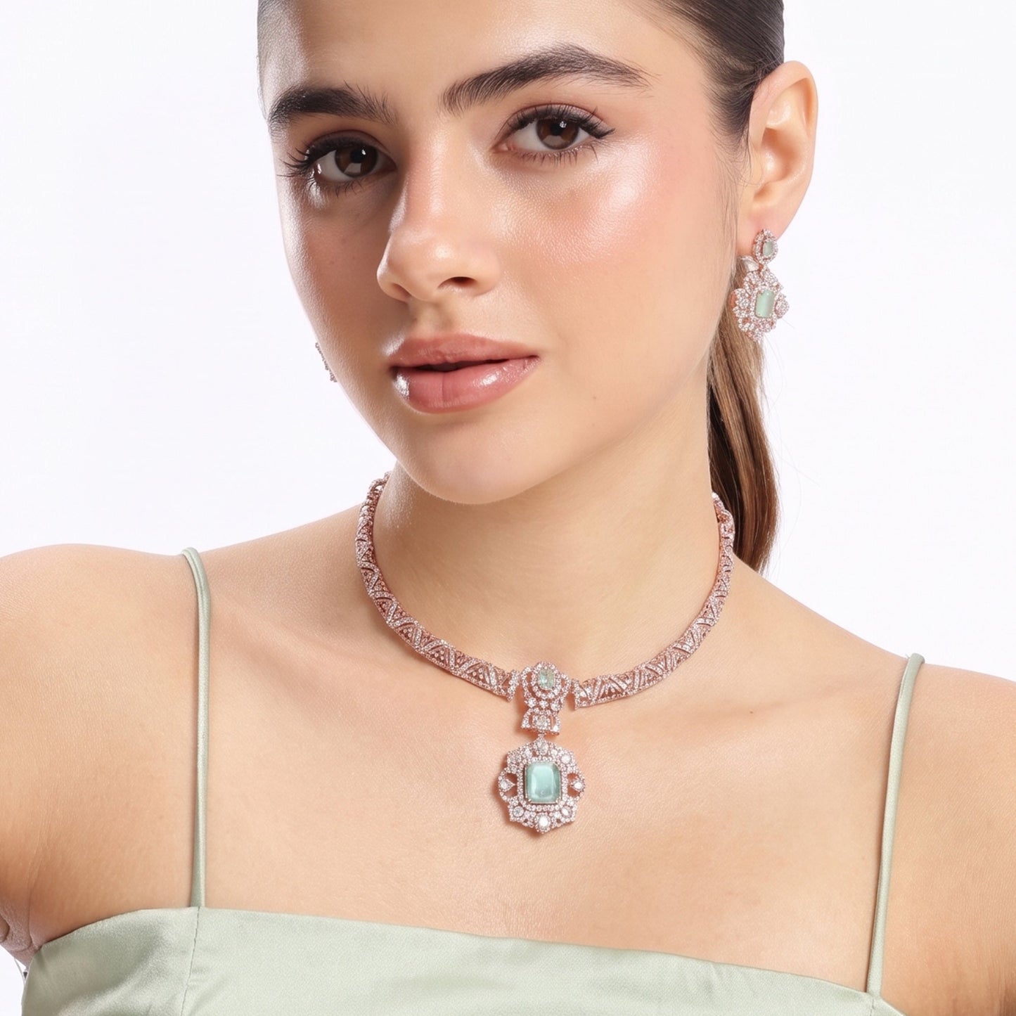 Rajlakshmi Mint Green CZ Hasli Necklace Set