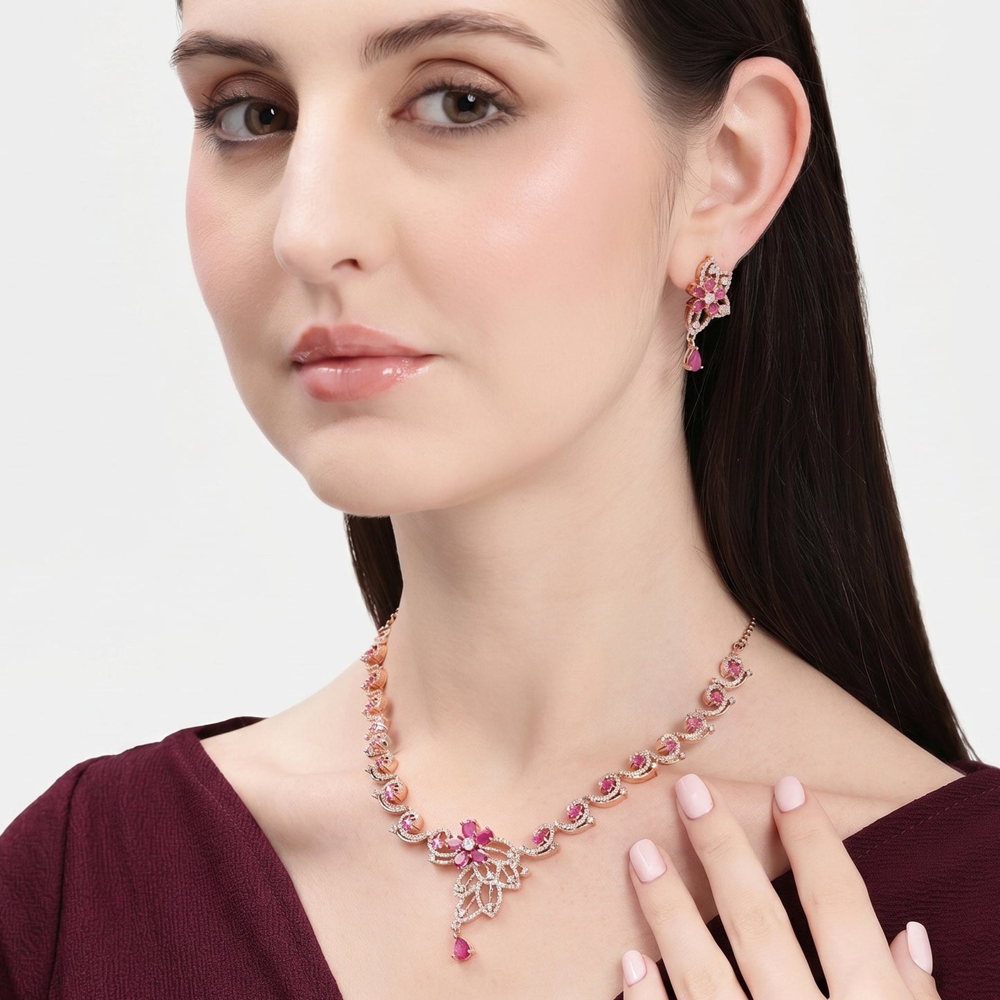Ruby CZ Floral Necklace Set