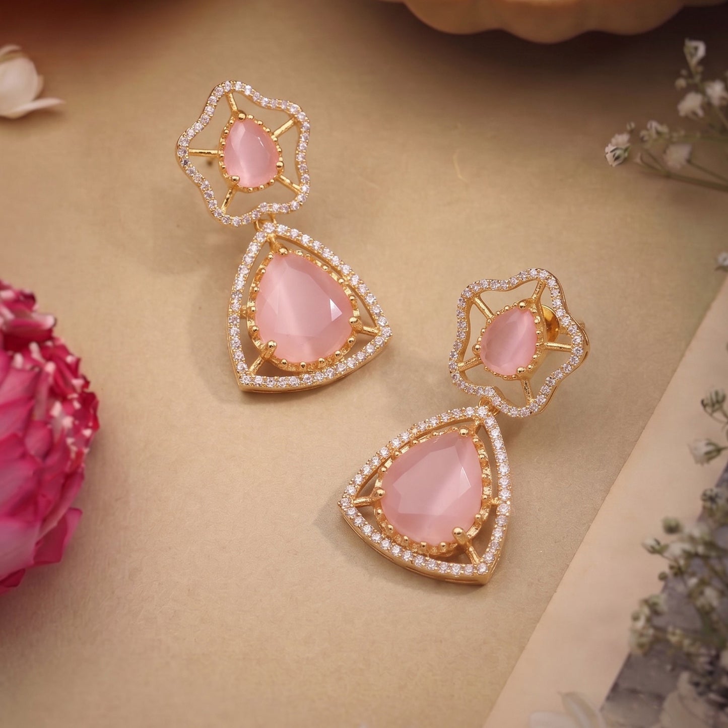 Pratishtha Mint Pink CZ Hasli Drop Earrings