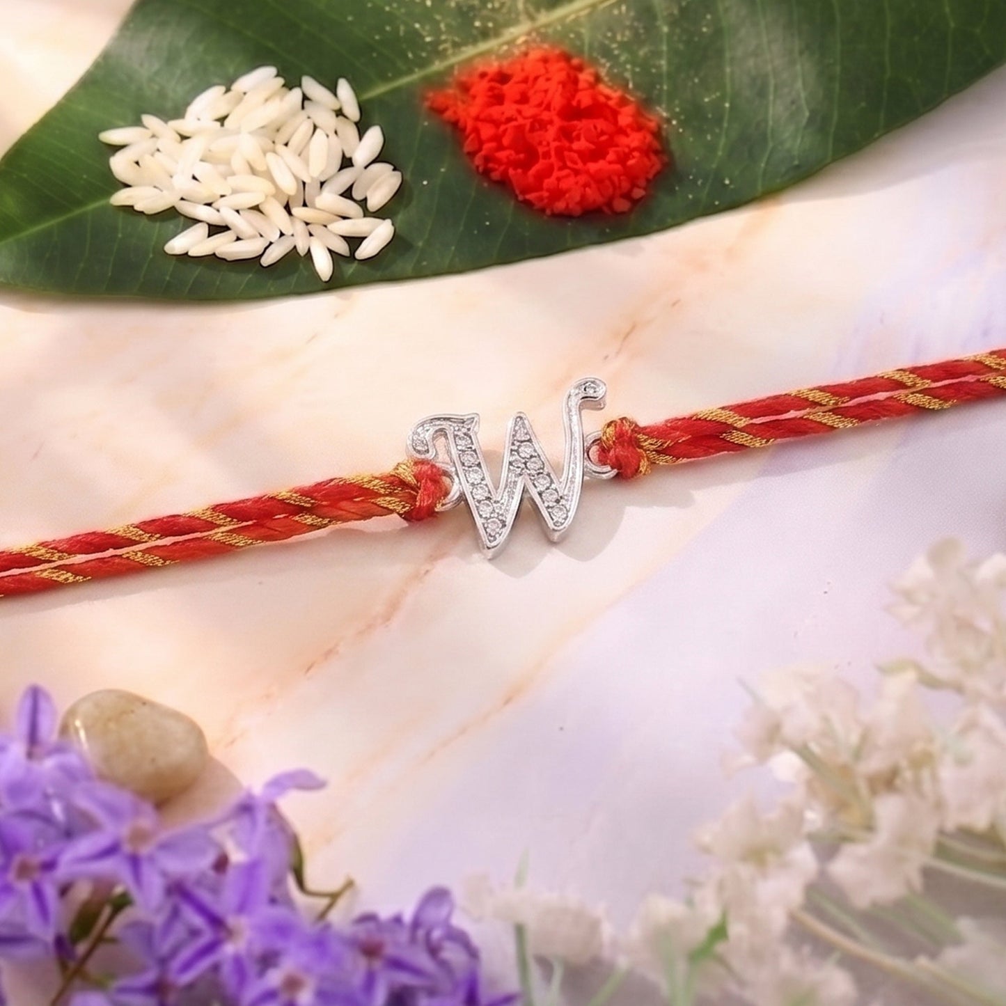 Rhodium Plated Artistic "W" Initials Rakhi