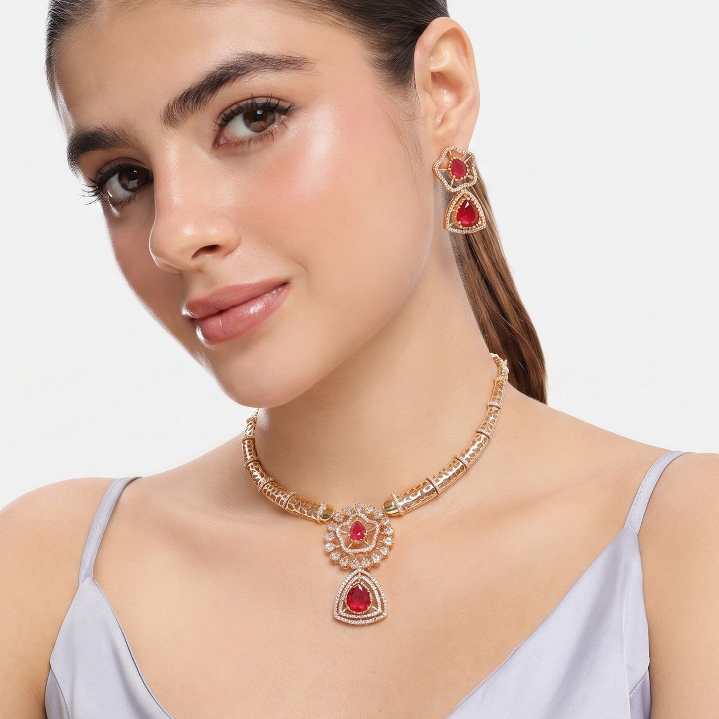 Dharohar Ruby CZ Hasli Necklace Set