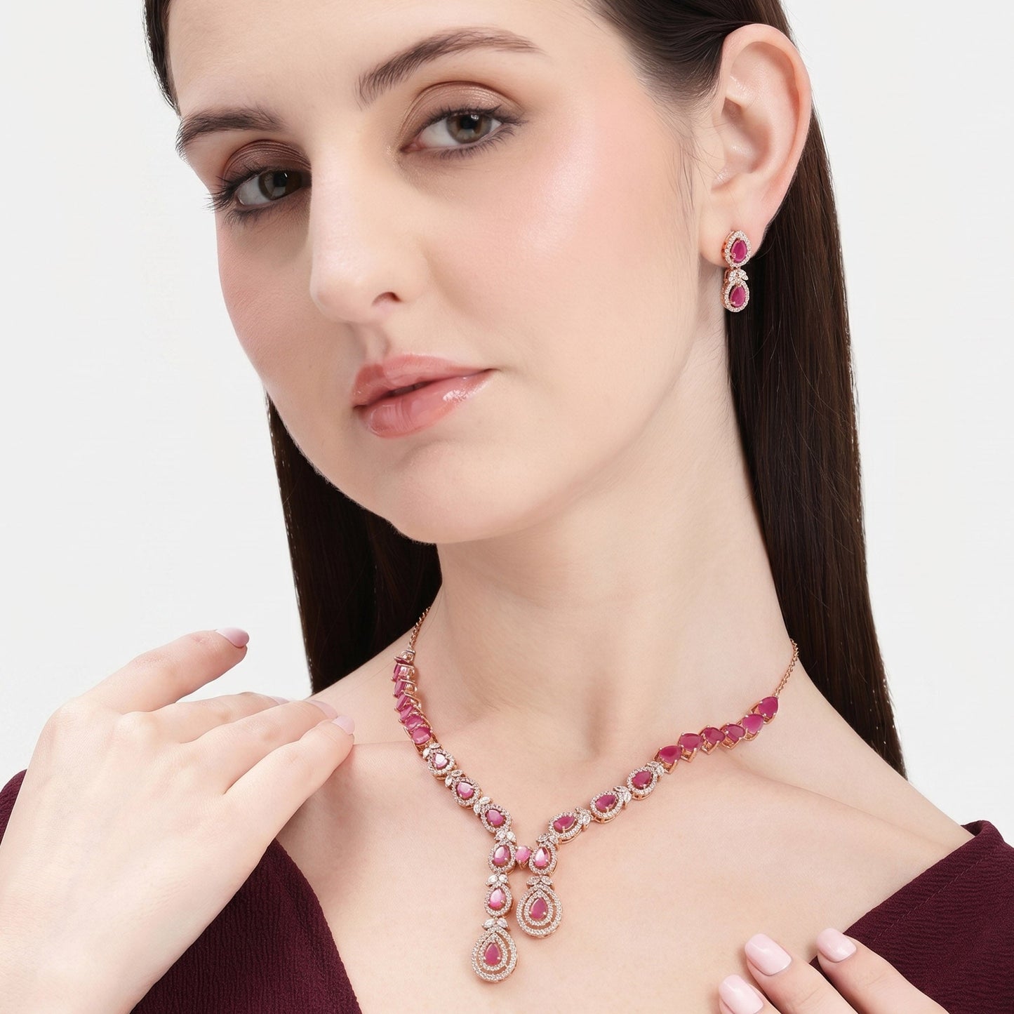 Ruby CZ Leaf Statement Necklace Set