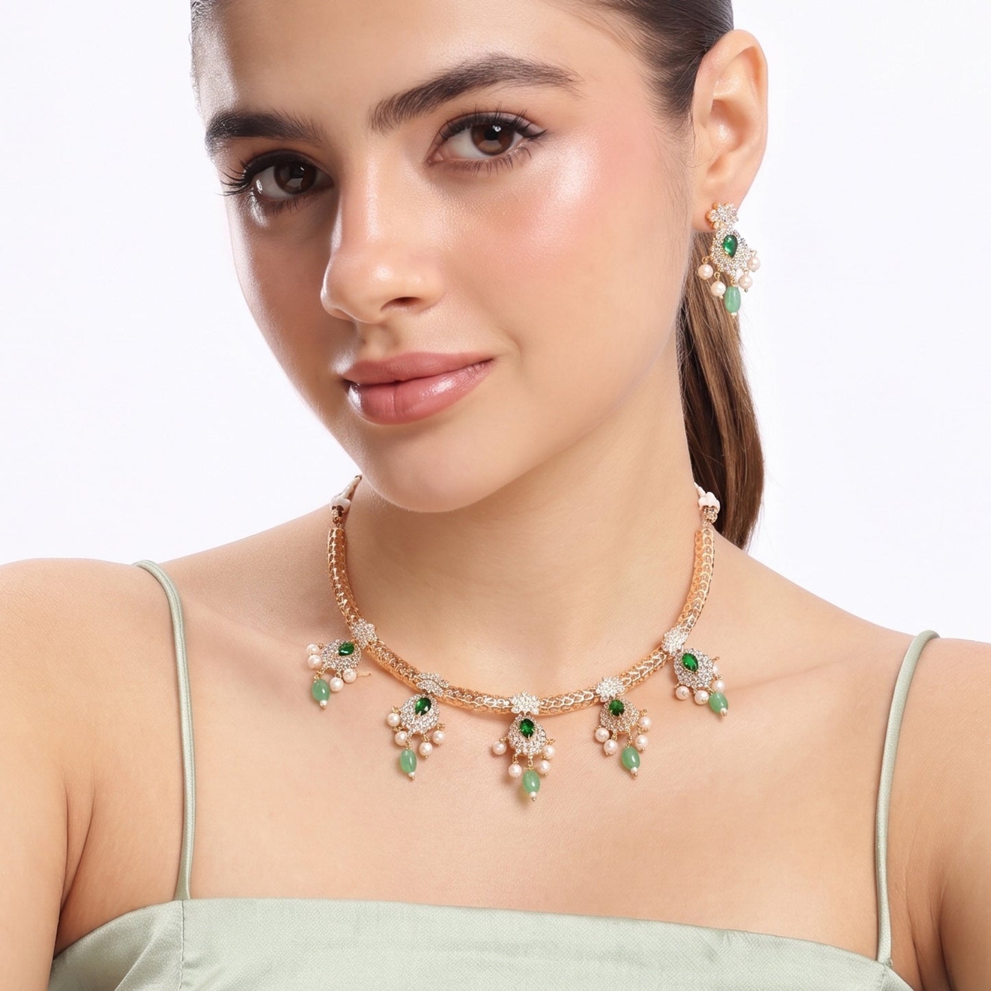 Aishwarya Green CZ Hasli Necklace Set