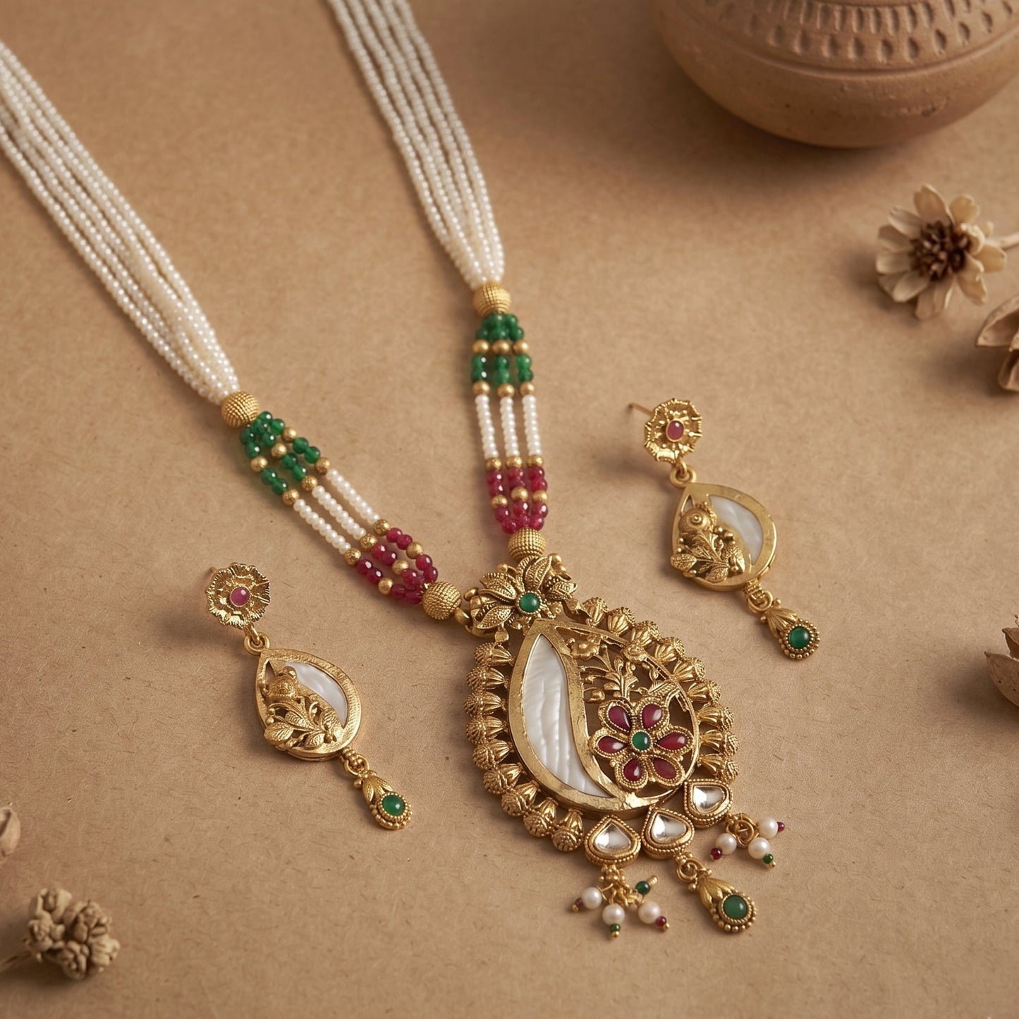 Paisley Pearl Green Ruby Necklace Set