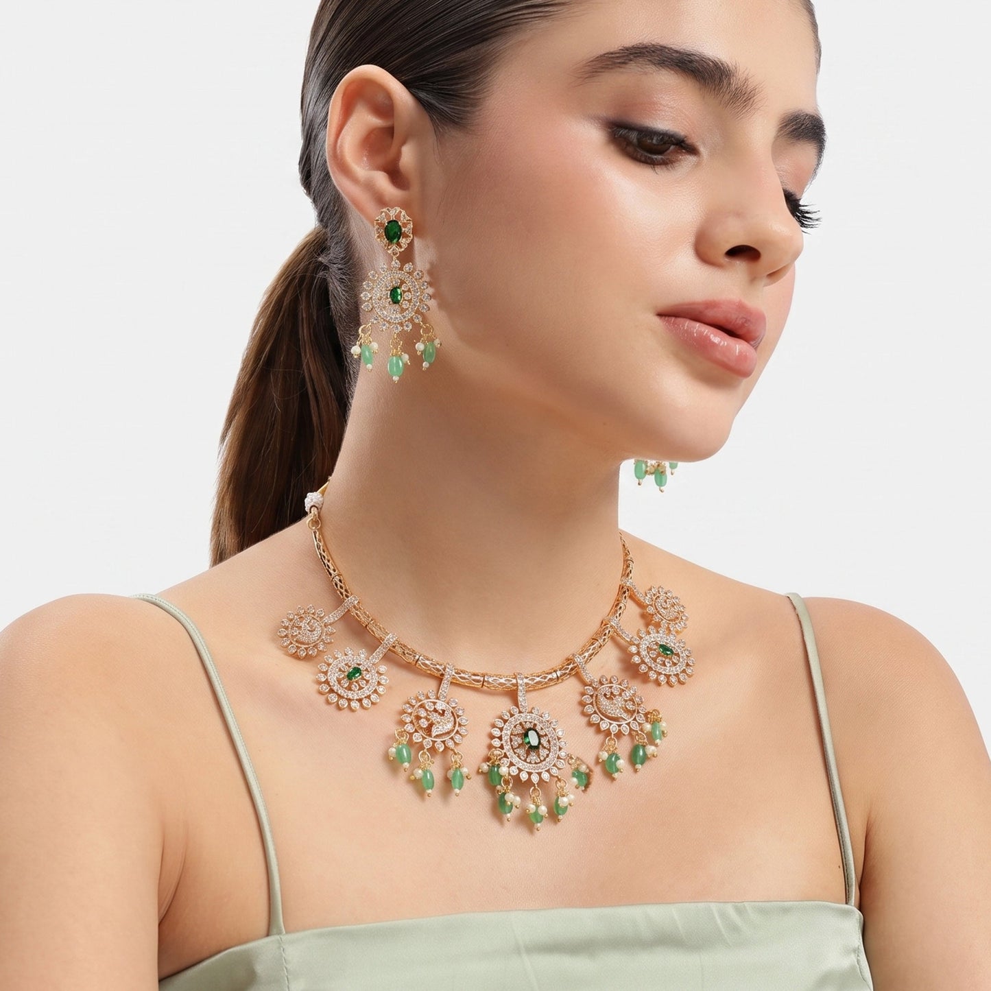 Rajwada Green CZ Hasli Necklace Set