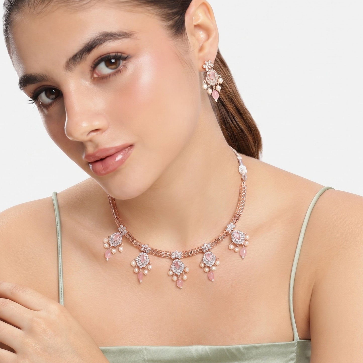 Hiranya Mint Pink CZ Hasli Necklace Set