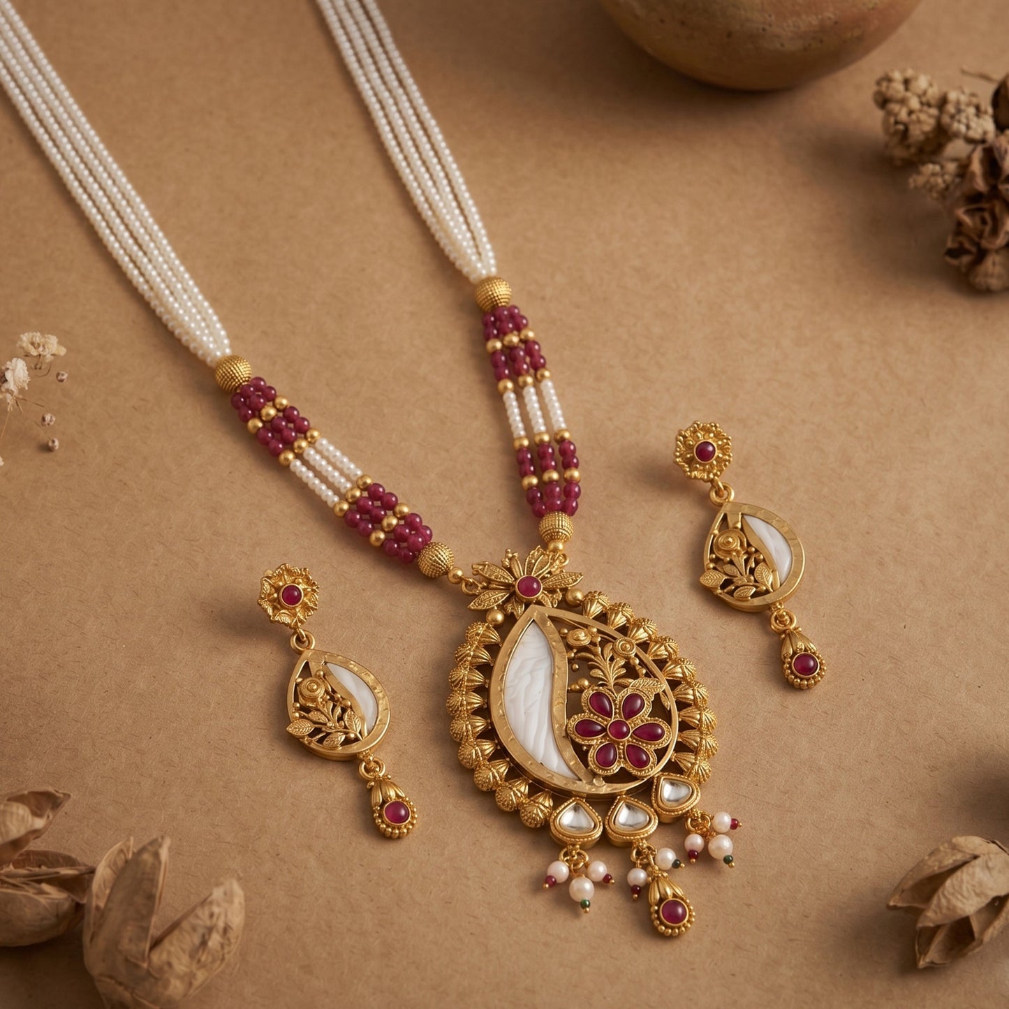 Festive Ruby Pearl Matte Necklace Set