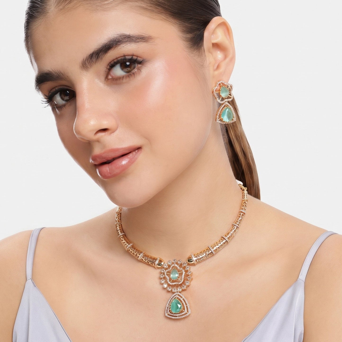 Shahi Mint Green CZ Hasli Necklace Set