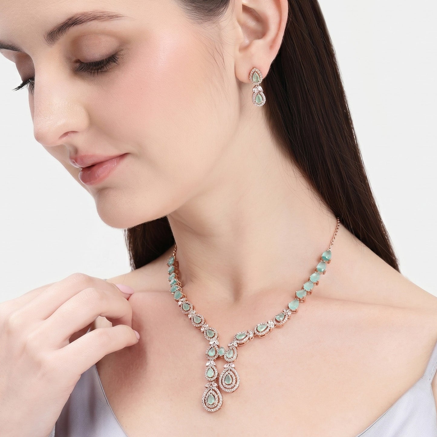 Mint Green Linked CZ Necklace Set
