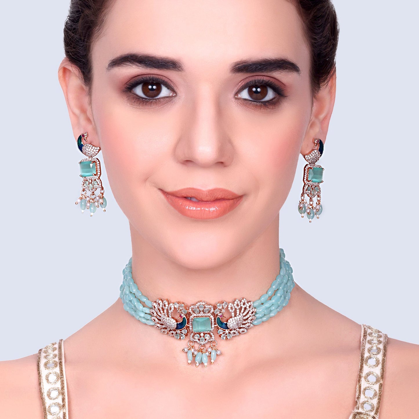 Shringar β Morbagh Mint Green Beaded Peacock Choker Set