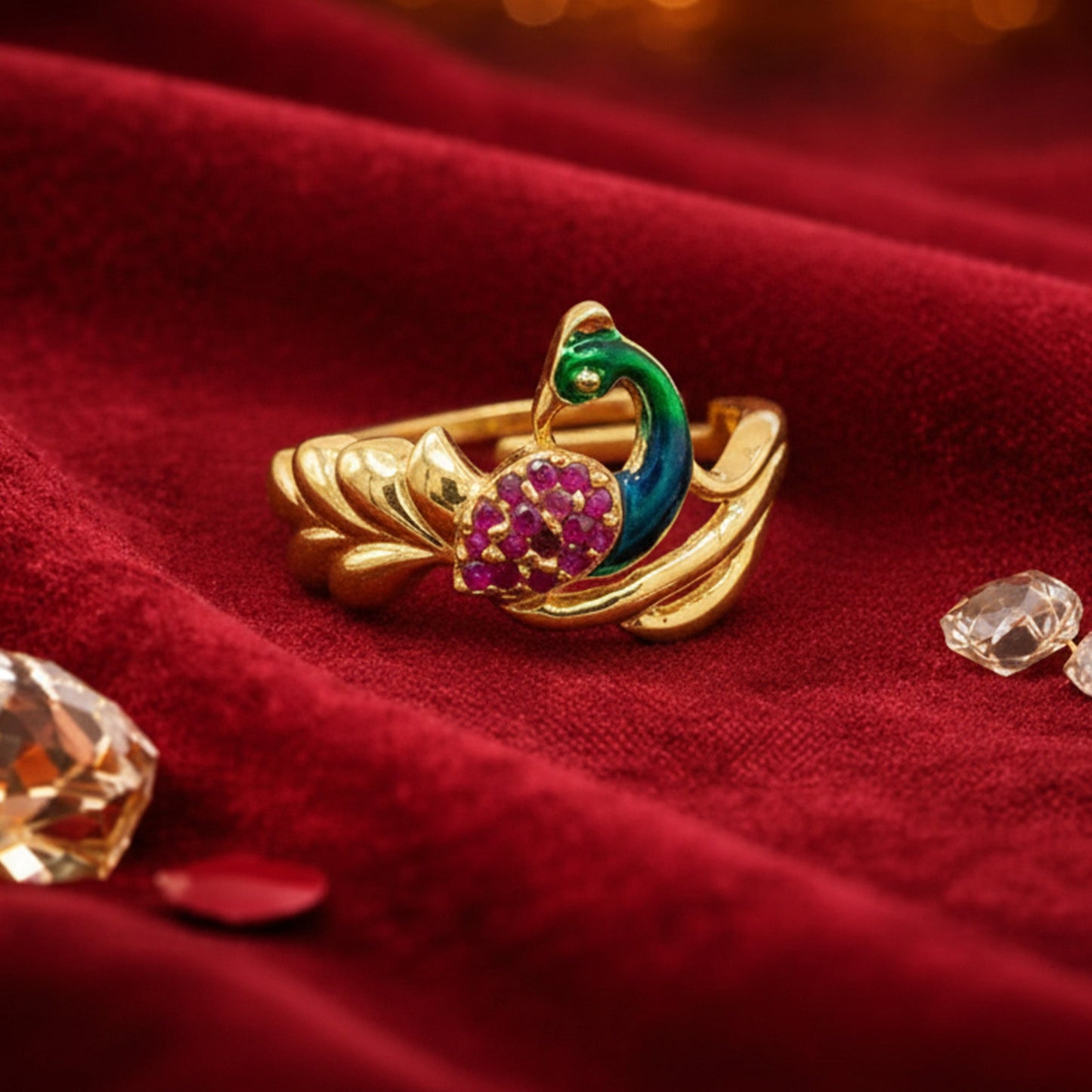 Mayura - Gold Ruby CZ Peacock Adjustable Ring