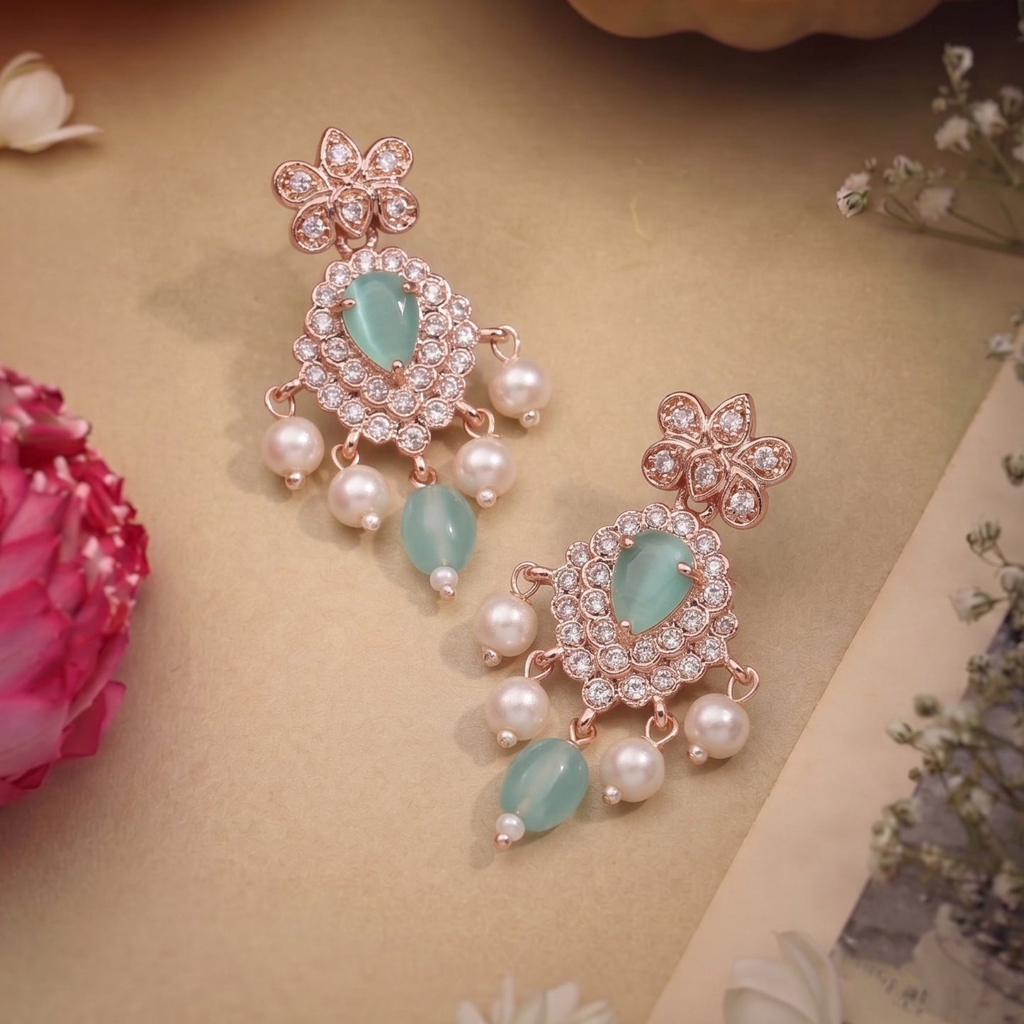 Rajsi Mint Green CZ Hasli Drop Earrings