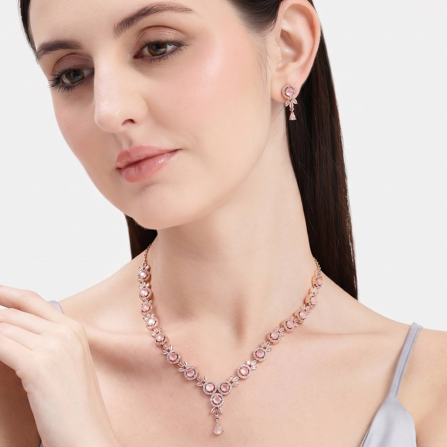 Mint Pink CZ Luxury Floral Necklace Set