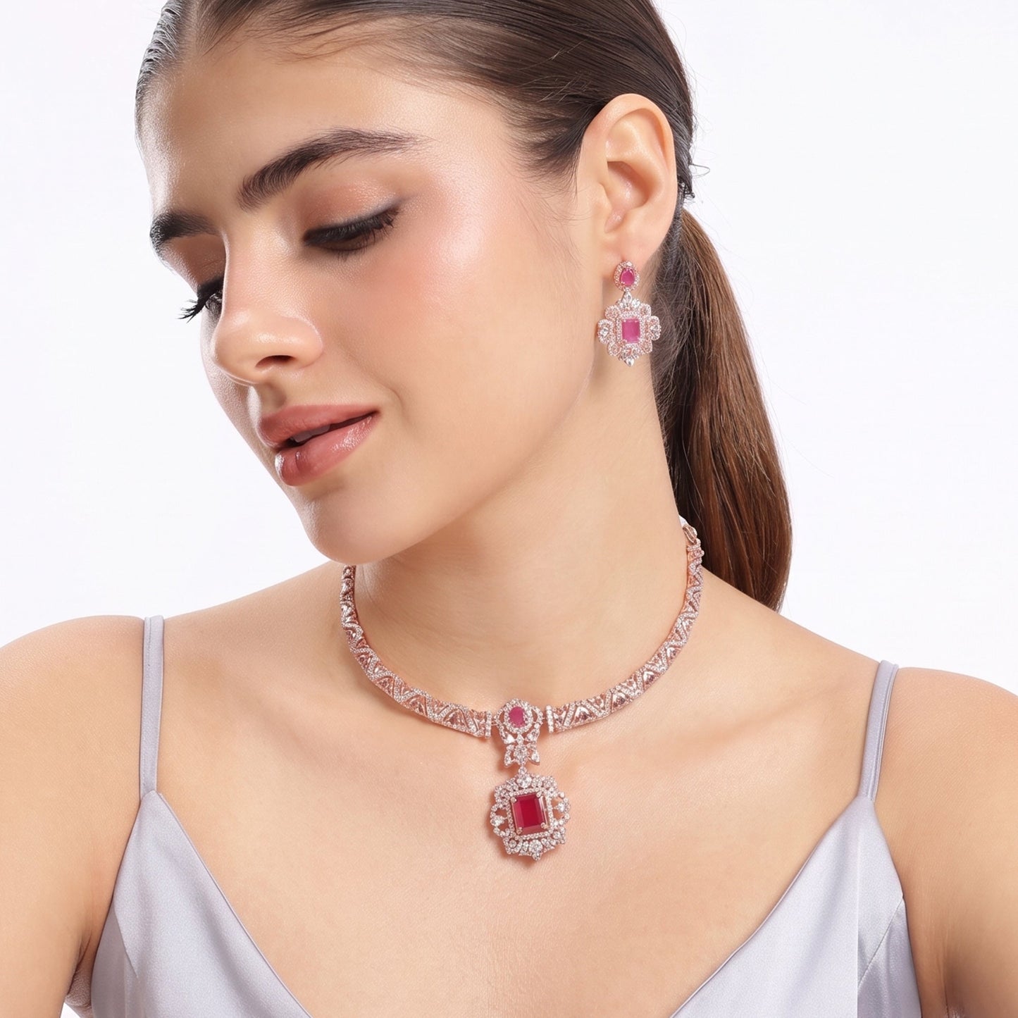 Maharani Ruby CZ Hasli Necklace Set