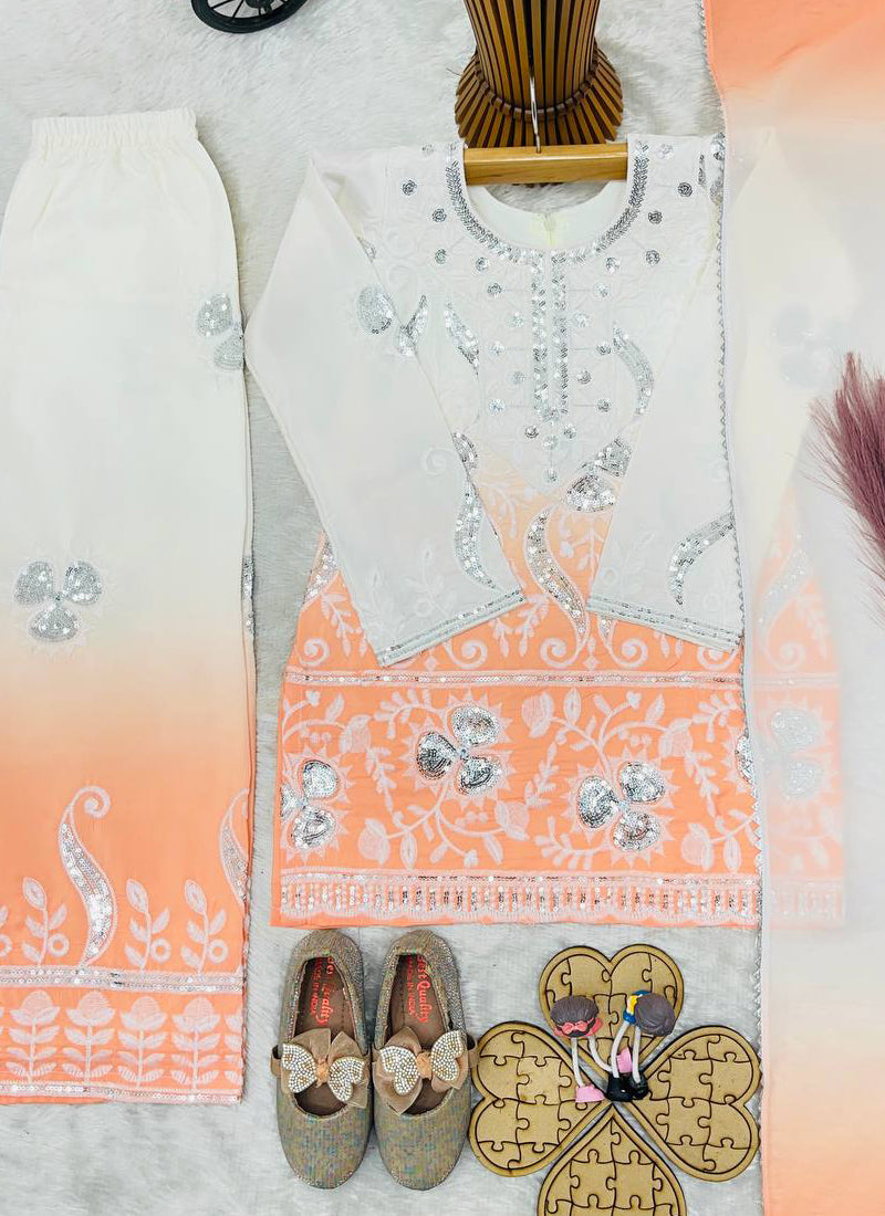 Evanik Peach Designer Party Wear Heavy Natural Crepe Kids Top Palazzo & Dupatta Set