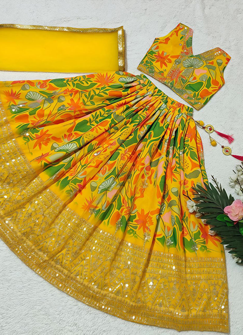 Evanik Yellow Georgette Digital Printed Wedding Kids Lehenga Choli