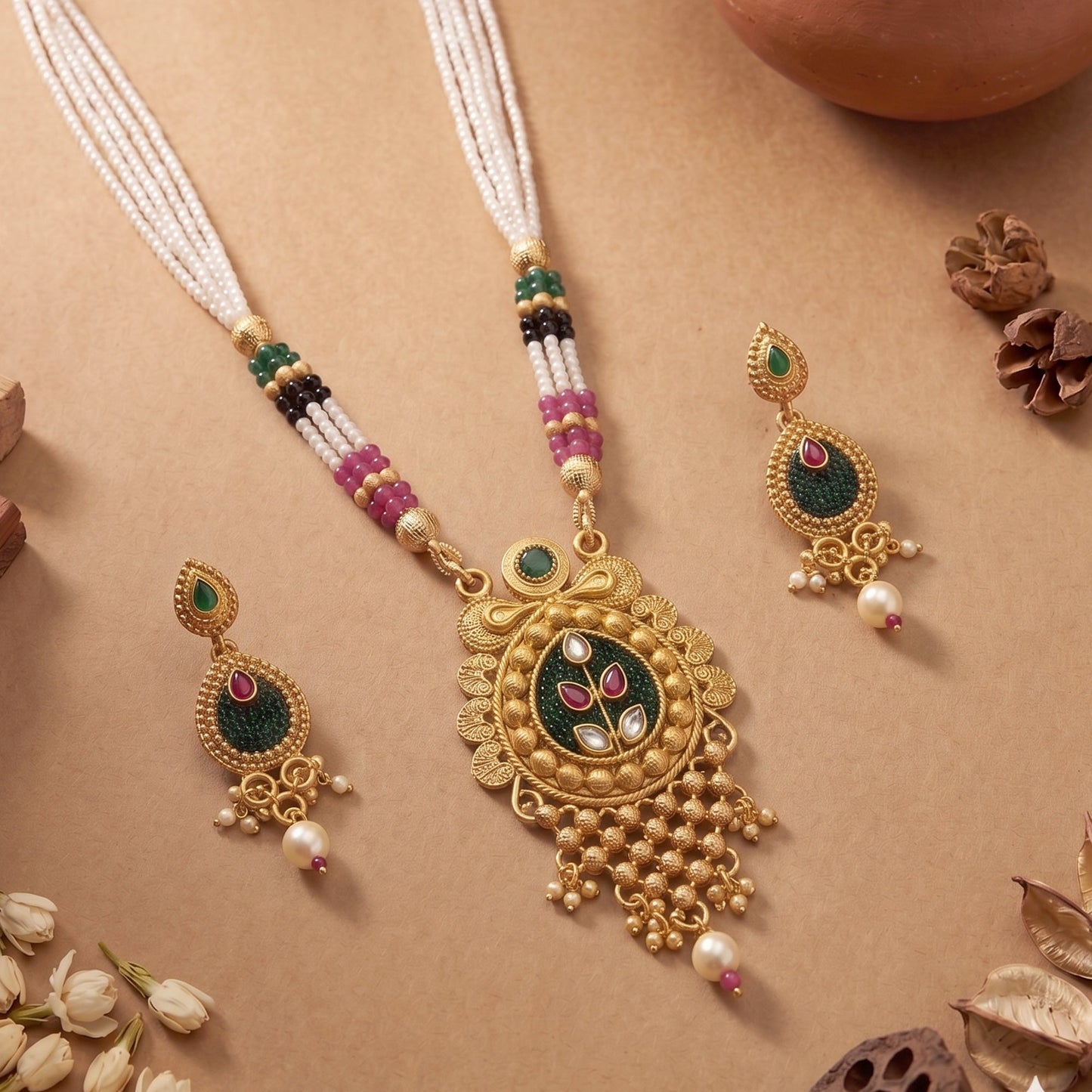 Matte Temple Green Ruby Necklace Set