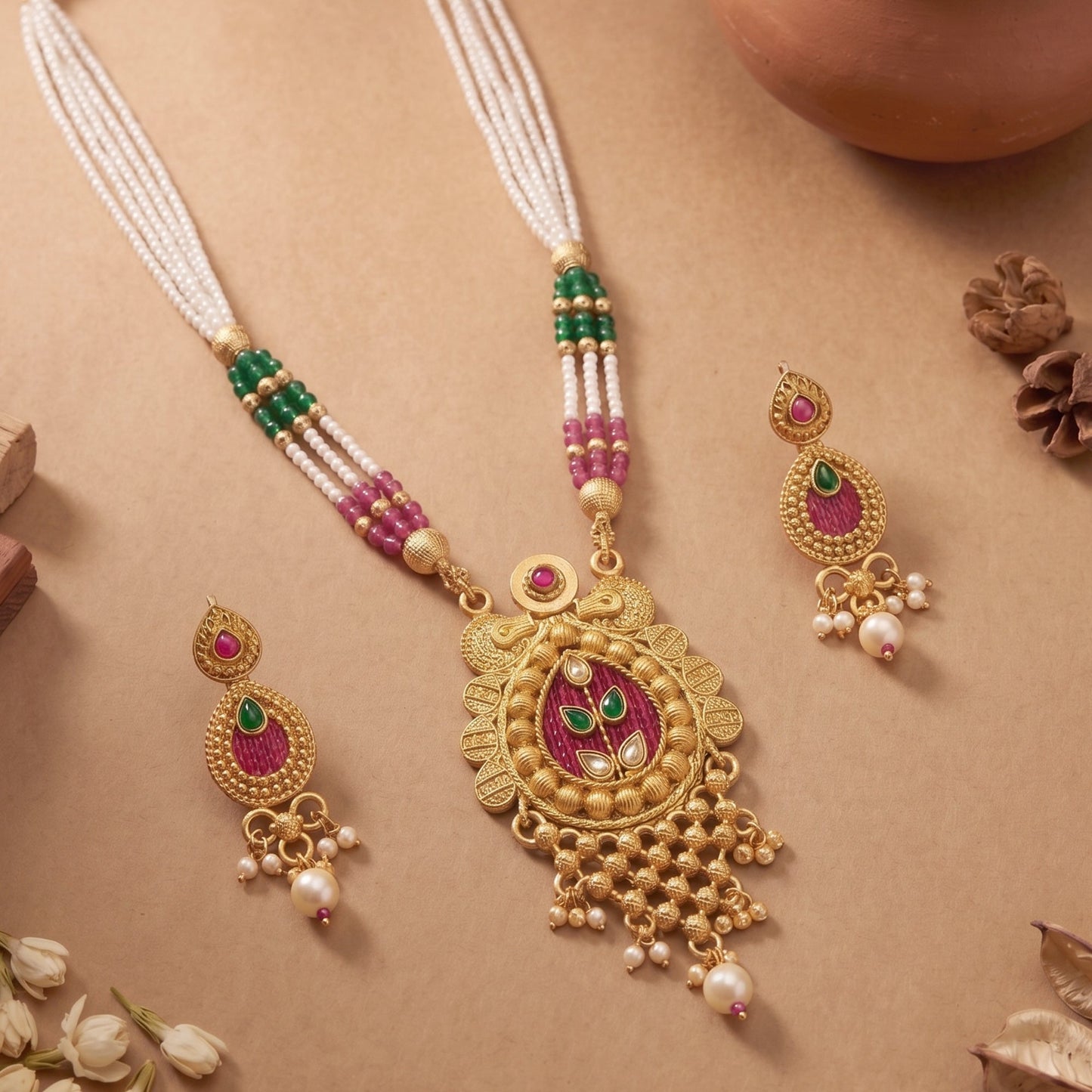 Traditional Green Ruby Pearl Necklace Set