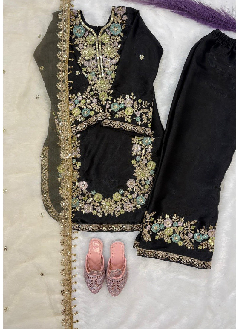 Evanik Black Kids Festival Wear Black Embroidered Silk Kurta Palazzo Set