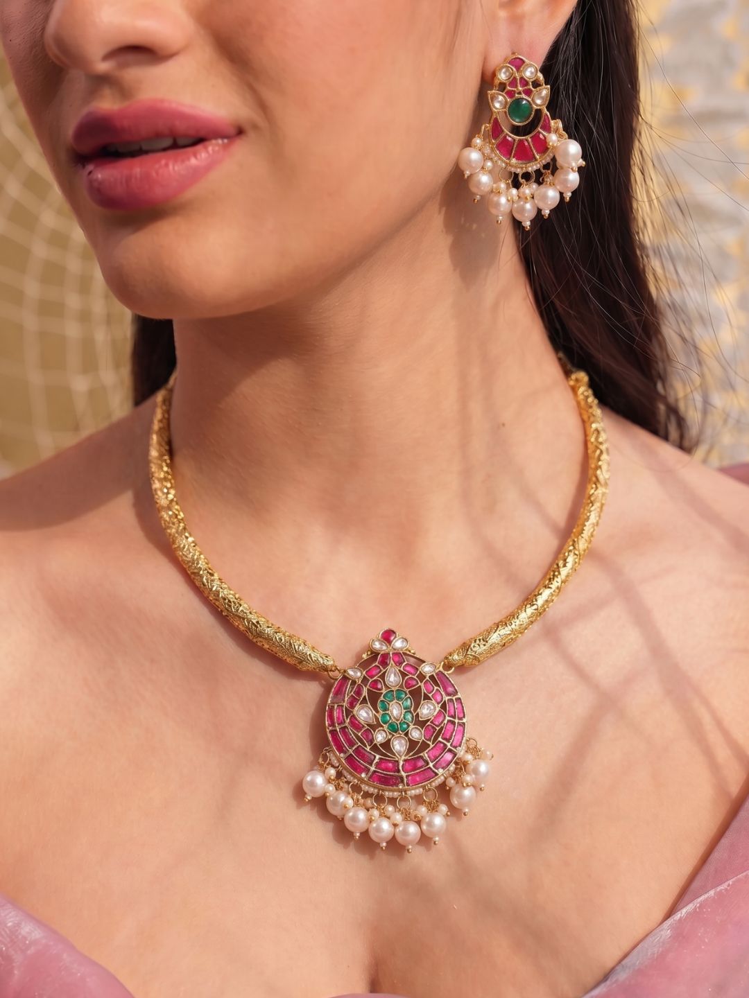 Aarini Ethereal Pink Aura Kundan Majesty Necklace Set