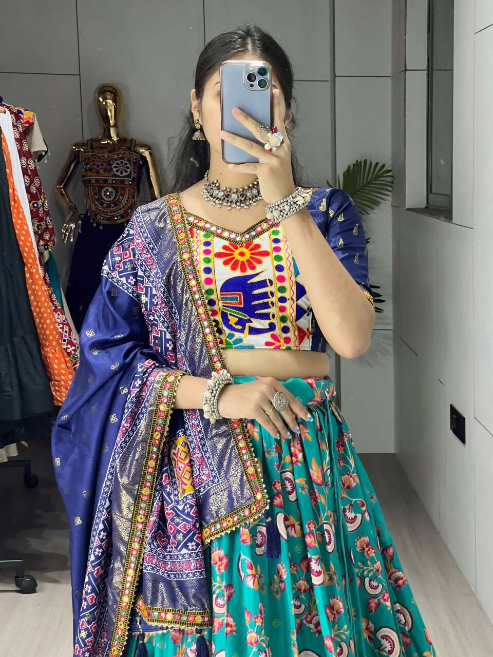 Yash Enterprise Firozi Silk Embroidery Semi Stitched Navratri Chaniya Choli