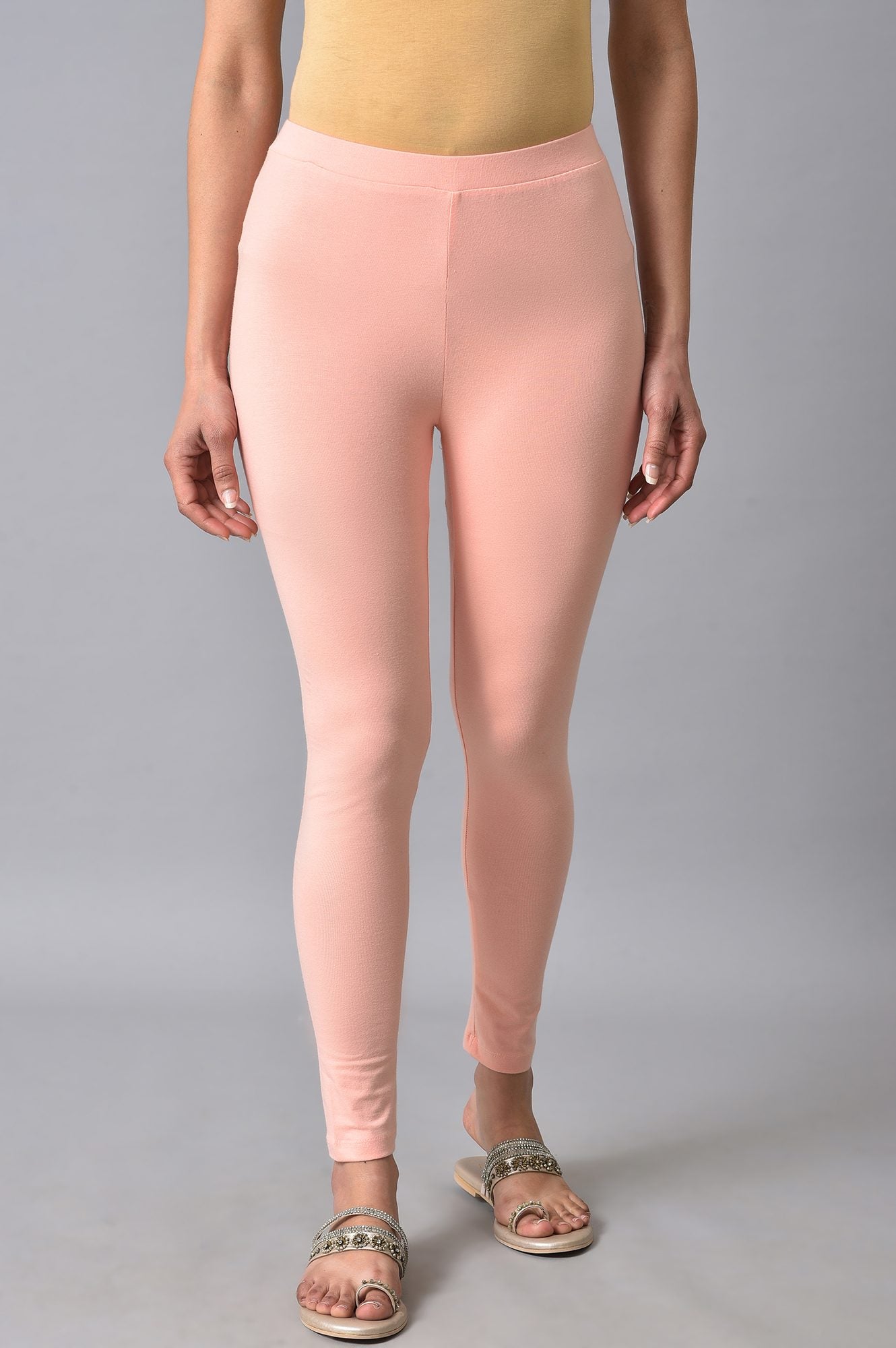 W for Woman Peach Glitter Printed Pure Cotton Straight Kurta and Leggings Set