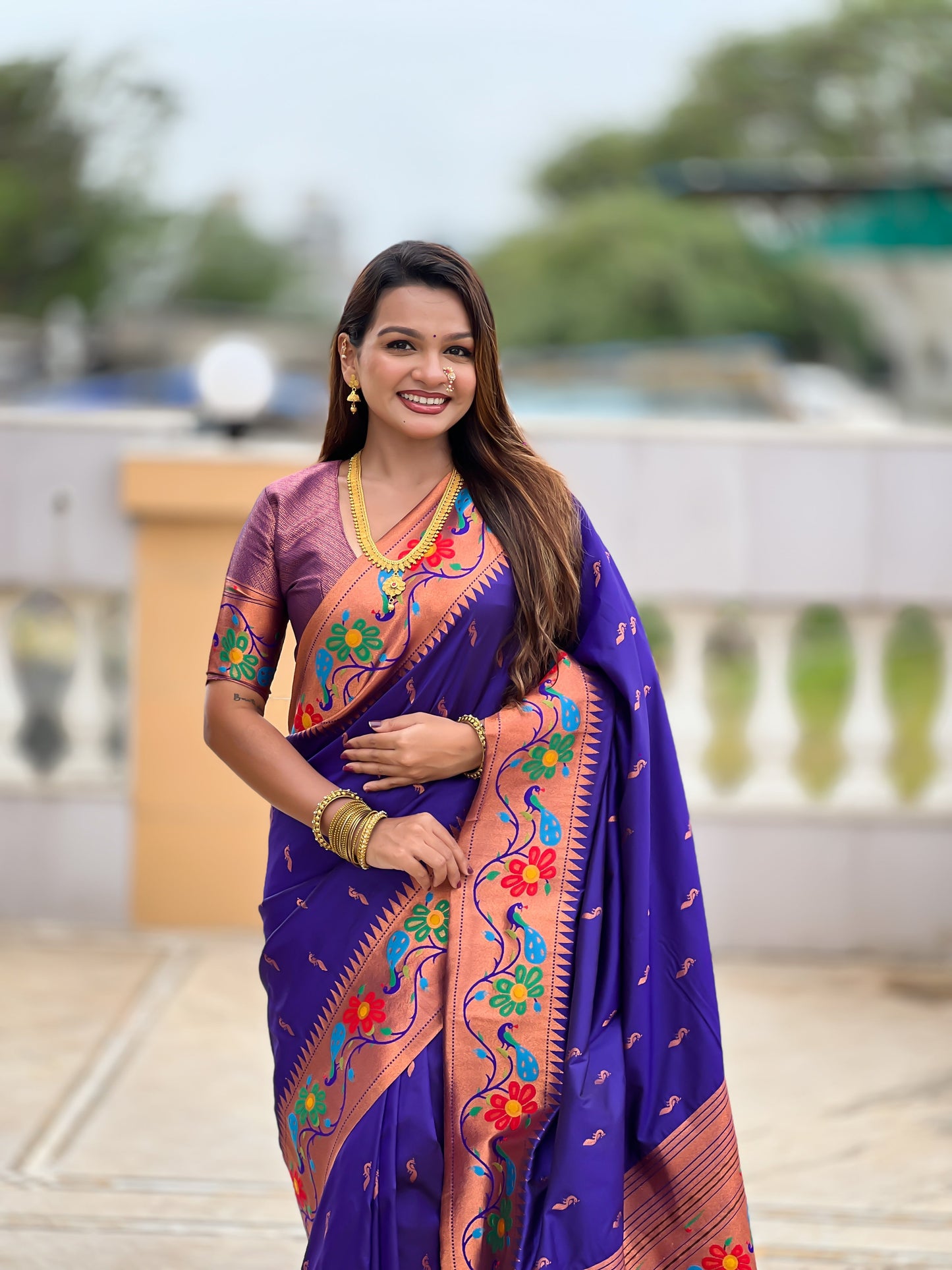 Mameraa Sarees Violet Faux Banarasi Silk Saree With Paithani Rich Weaved Pallu And Blouse-Violet