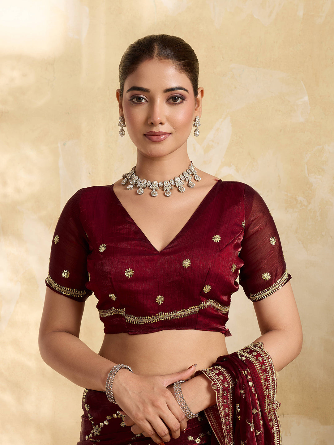 Dwija Fashion Maroon Party Wear Embroidered Jimmy Choo Saree With Unstitched Blouse