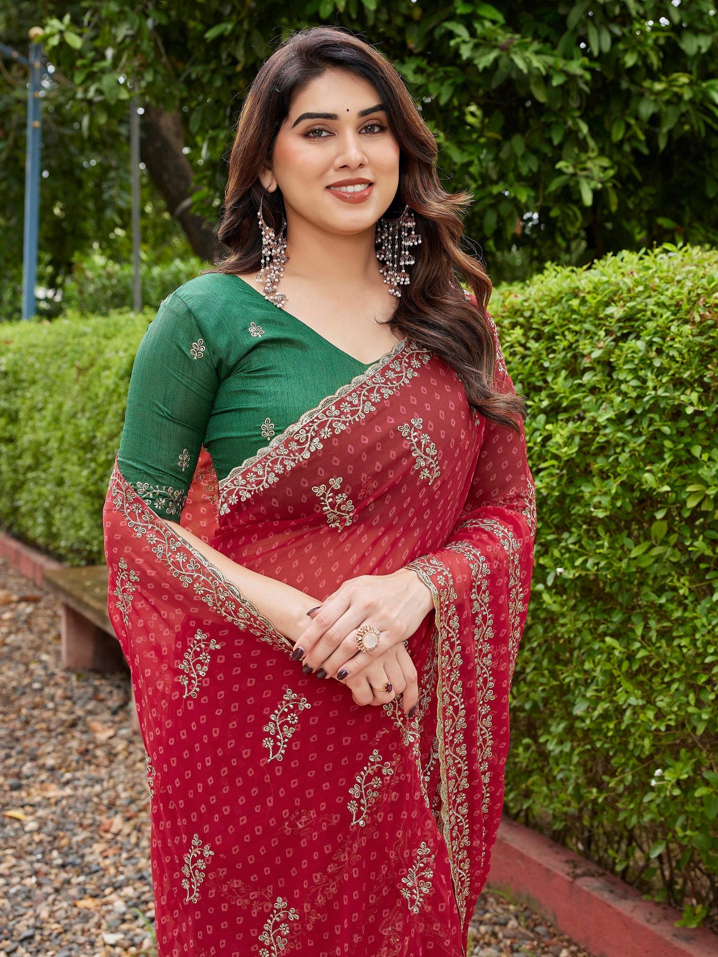 Dwija Fashion Red Party Wear Embroidered Georgette Saree With Unstitched Blouse