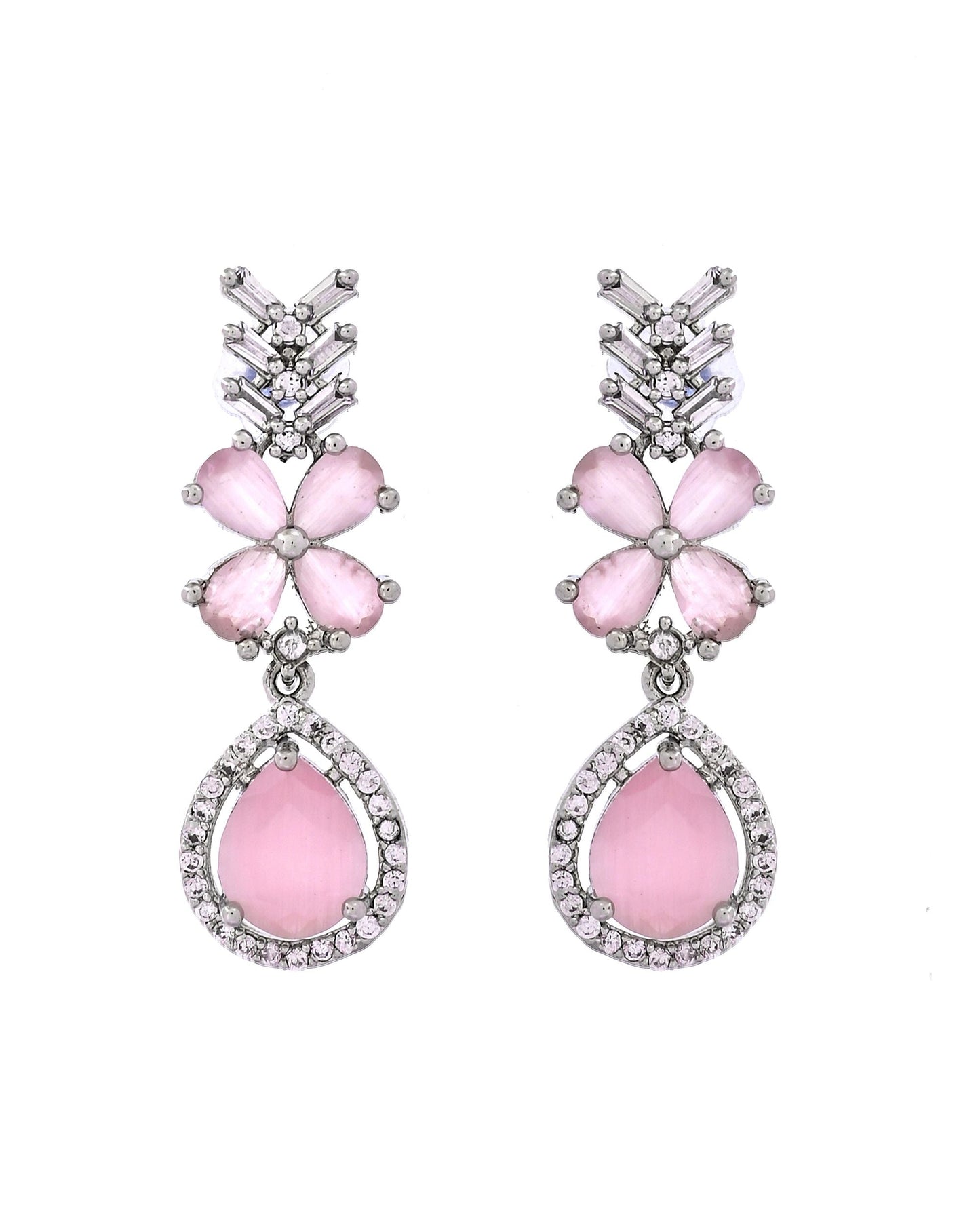 VOJ Silver Plated Baby Pink Floral Ad Jewellery Set