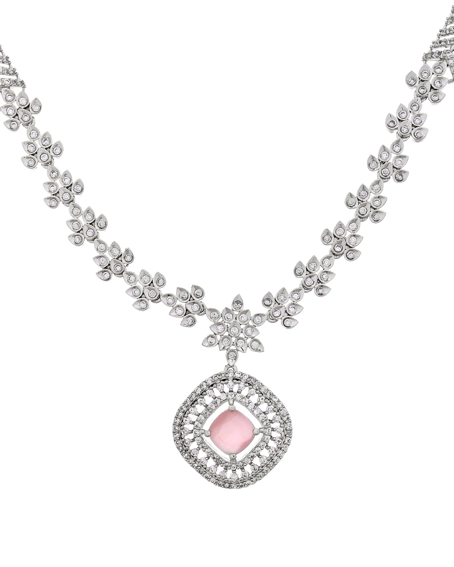 VOJ Silver Plated Baby Pink Square Stone Studded Jewellery Set
