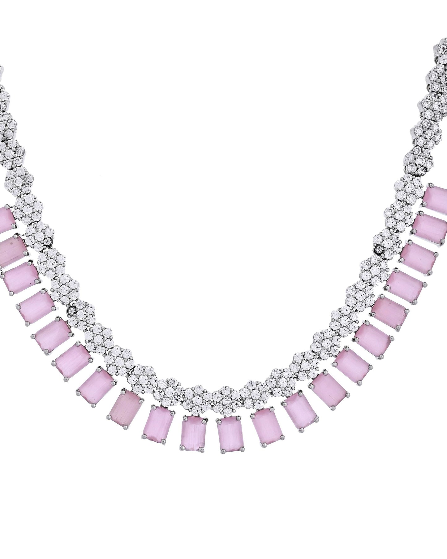 VOJ Silver Plated Baby Pink Rectangular Stone Ad Necklace Set