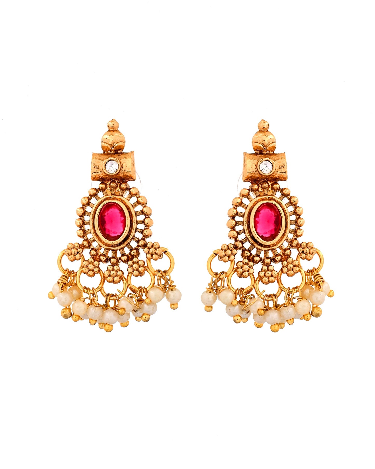 VOJ Gold Plated Ruby Red Stone Oval Jewellery Set