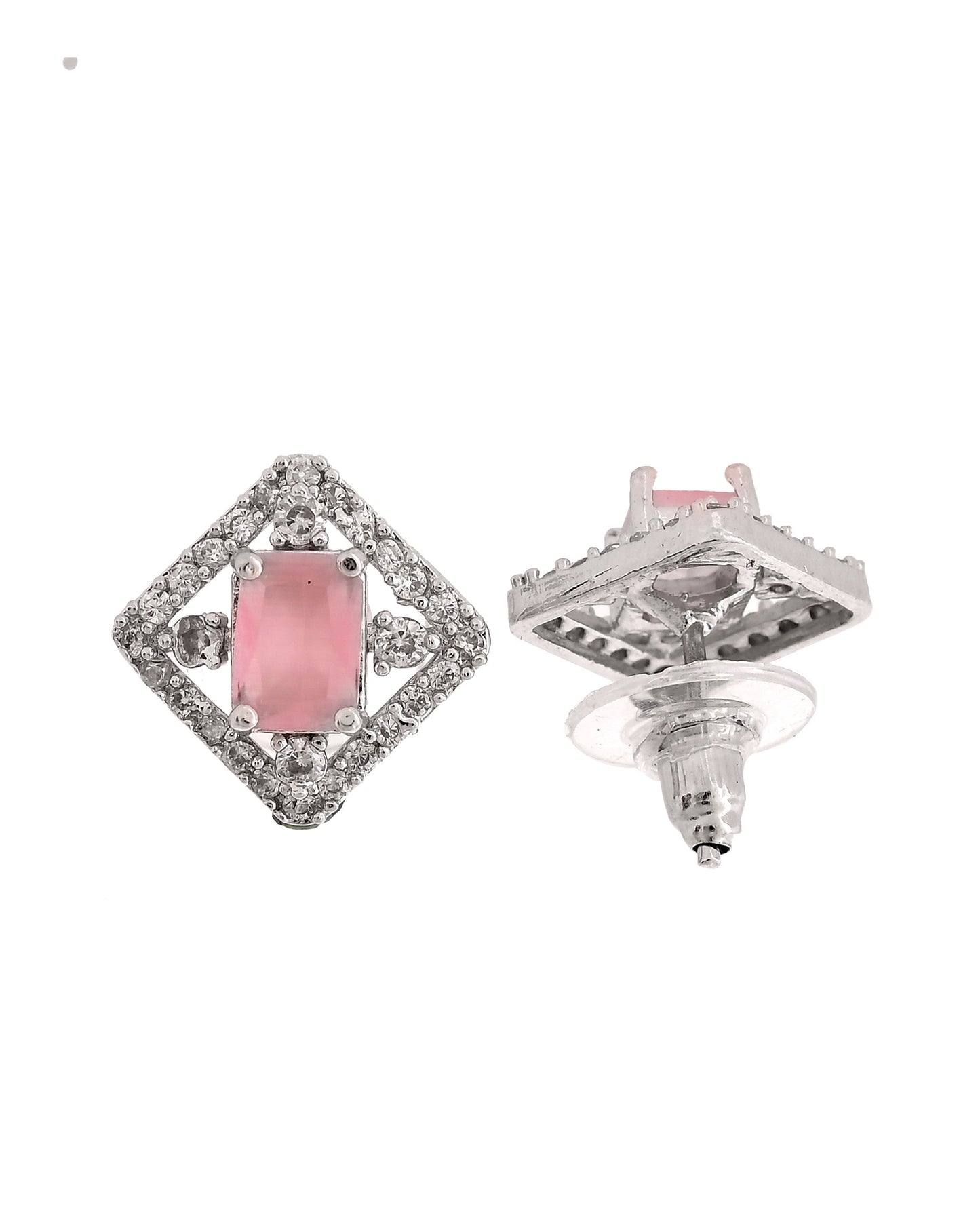 VOJ Silver Plated Baby Pink Rectangular Stone Square Pendant With Chain Set