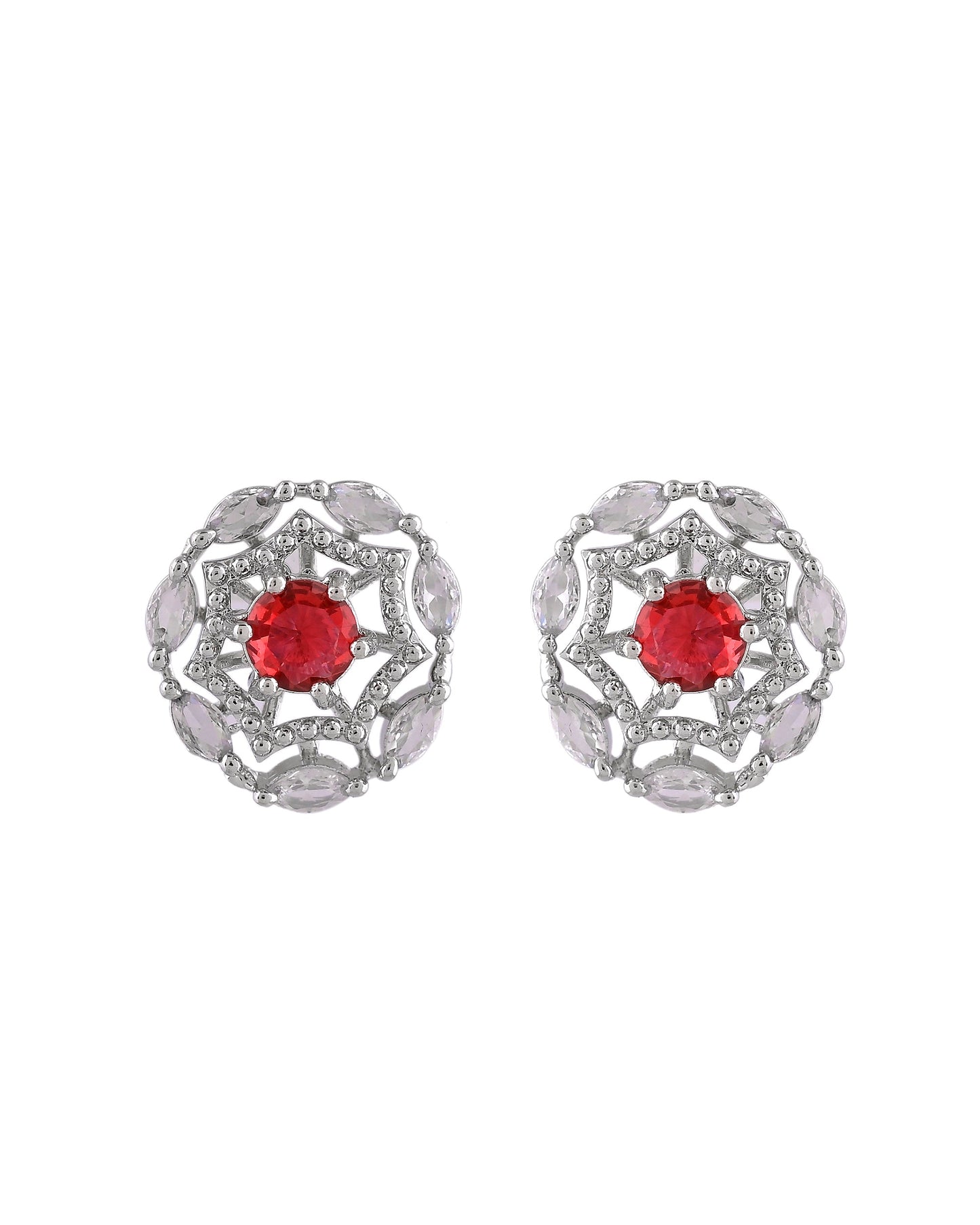 VOJ Silver Plated Ruby Red Circular Stone Studded Floral Ad Chain Set