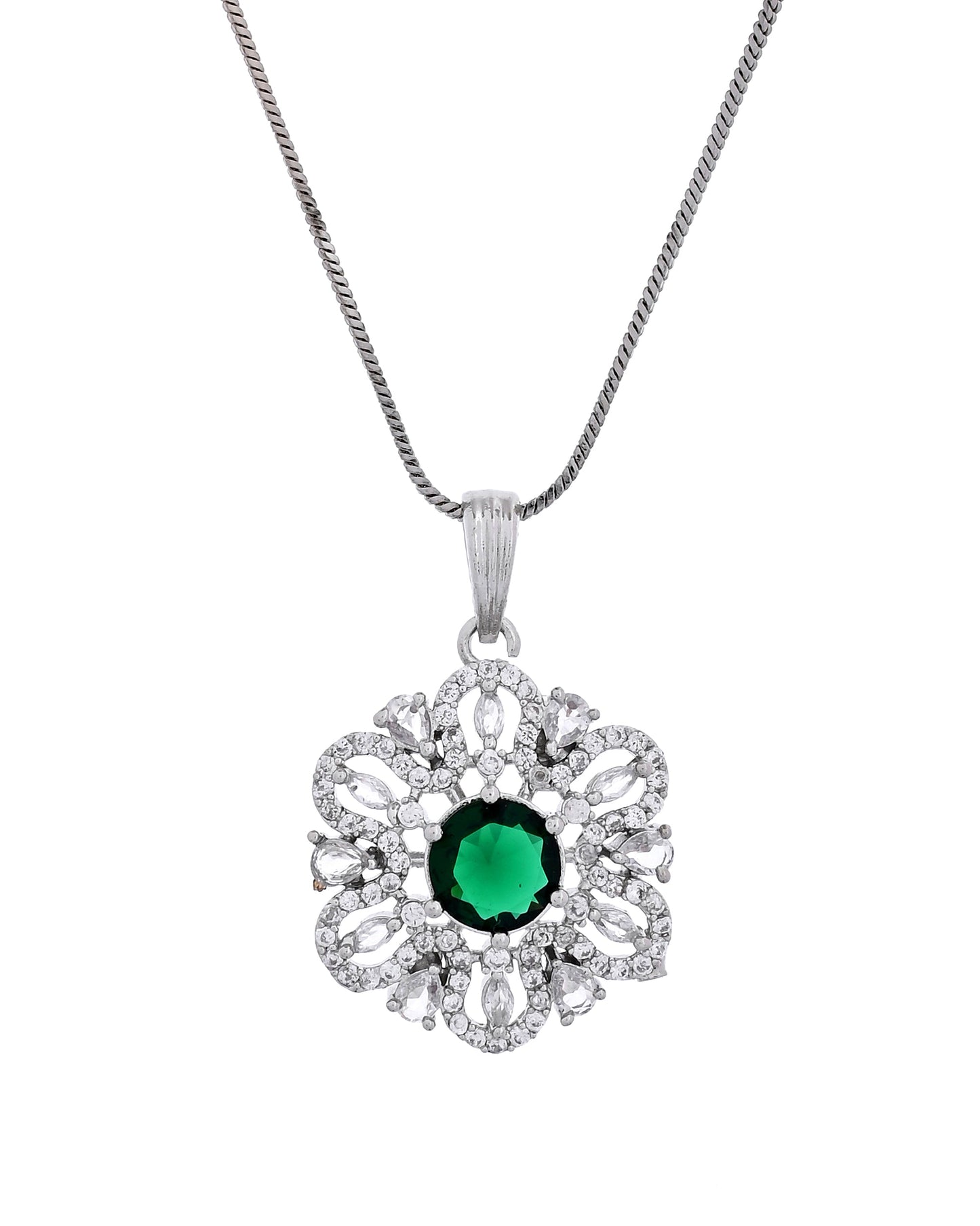 VOJ Silver Plated Floral Shaped Green Circular Ad Chain Set