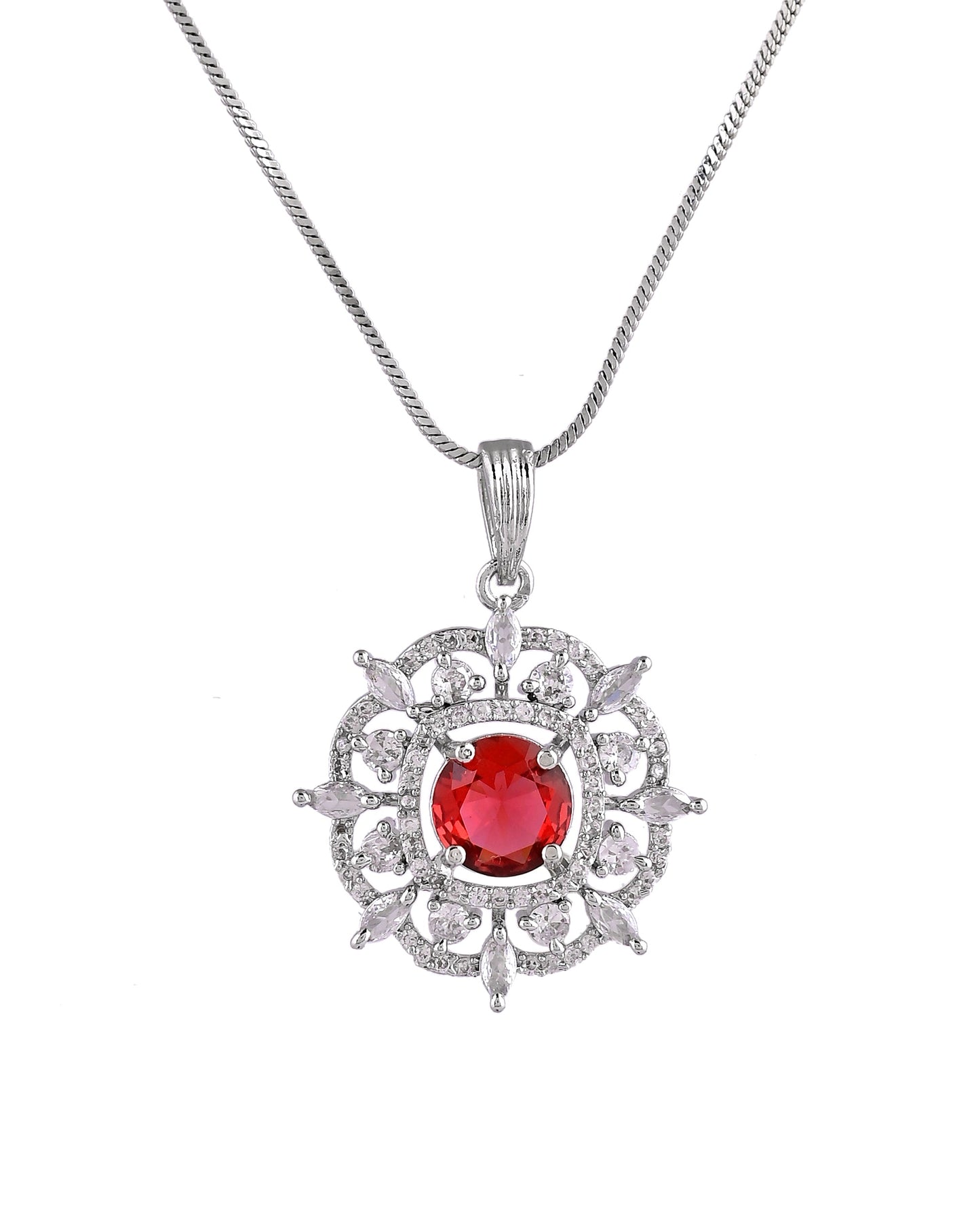 VOJ Silver Plated Ruby Red Circular Stone Studded Sun Shaped Ad Pendant With Chain Set