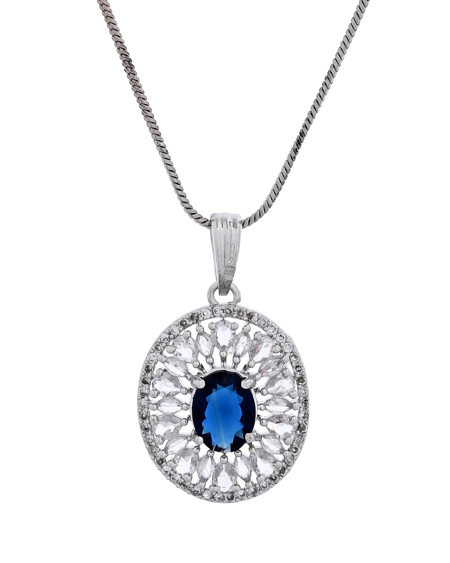 VOJ Silver Plated Oval Shaped Blue Stone Studded Ad Chain Set