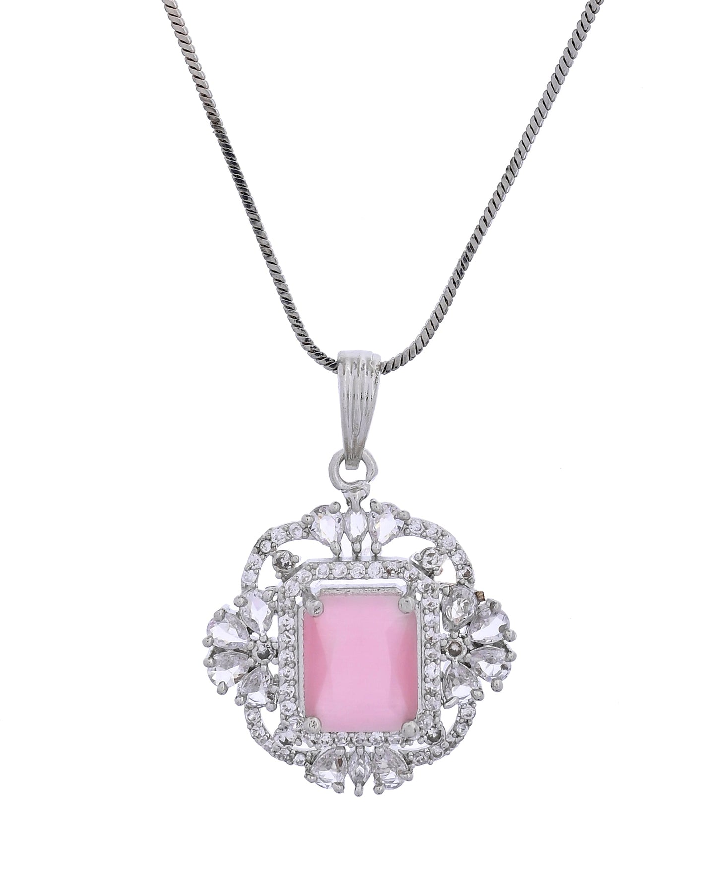 VOJ Silver Plated Baby Pink Rectangular Shaped Stone Studded Ad Chain Set