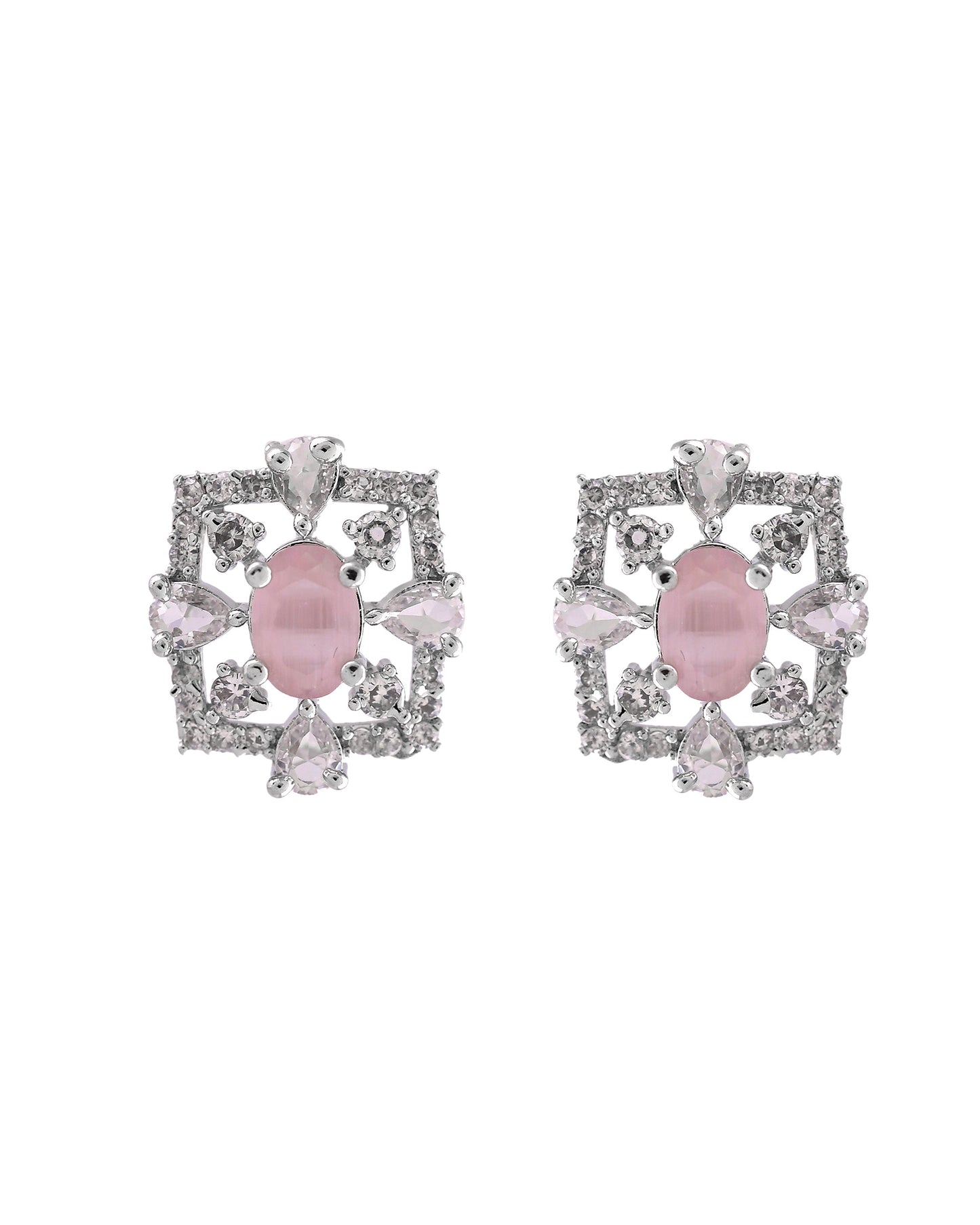 VOJ Silver Plated Baby Pink Circular Stone Studded Designer Ad Chain Set