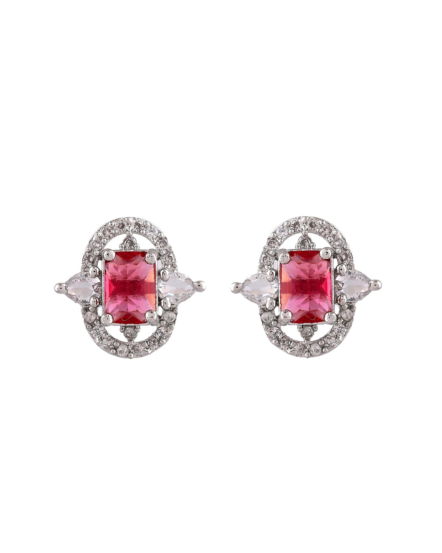 VOJ Silver Plated Ruby Red Rectangular Cz Stone Studded Chain Set