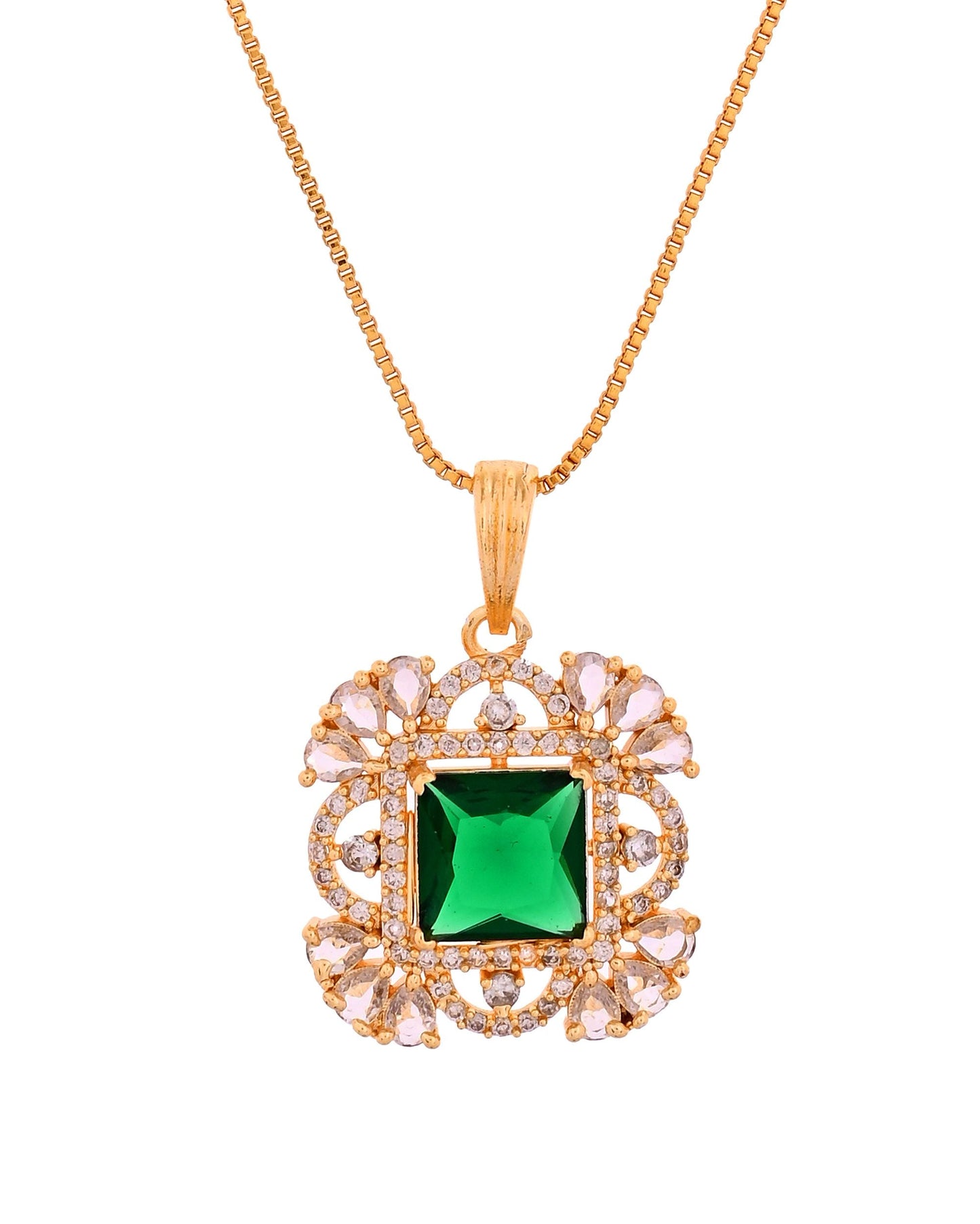 VOJ Gold Plated Green Square Shaped Stone Studded Ad Chain Set