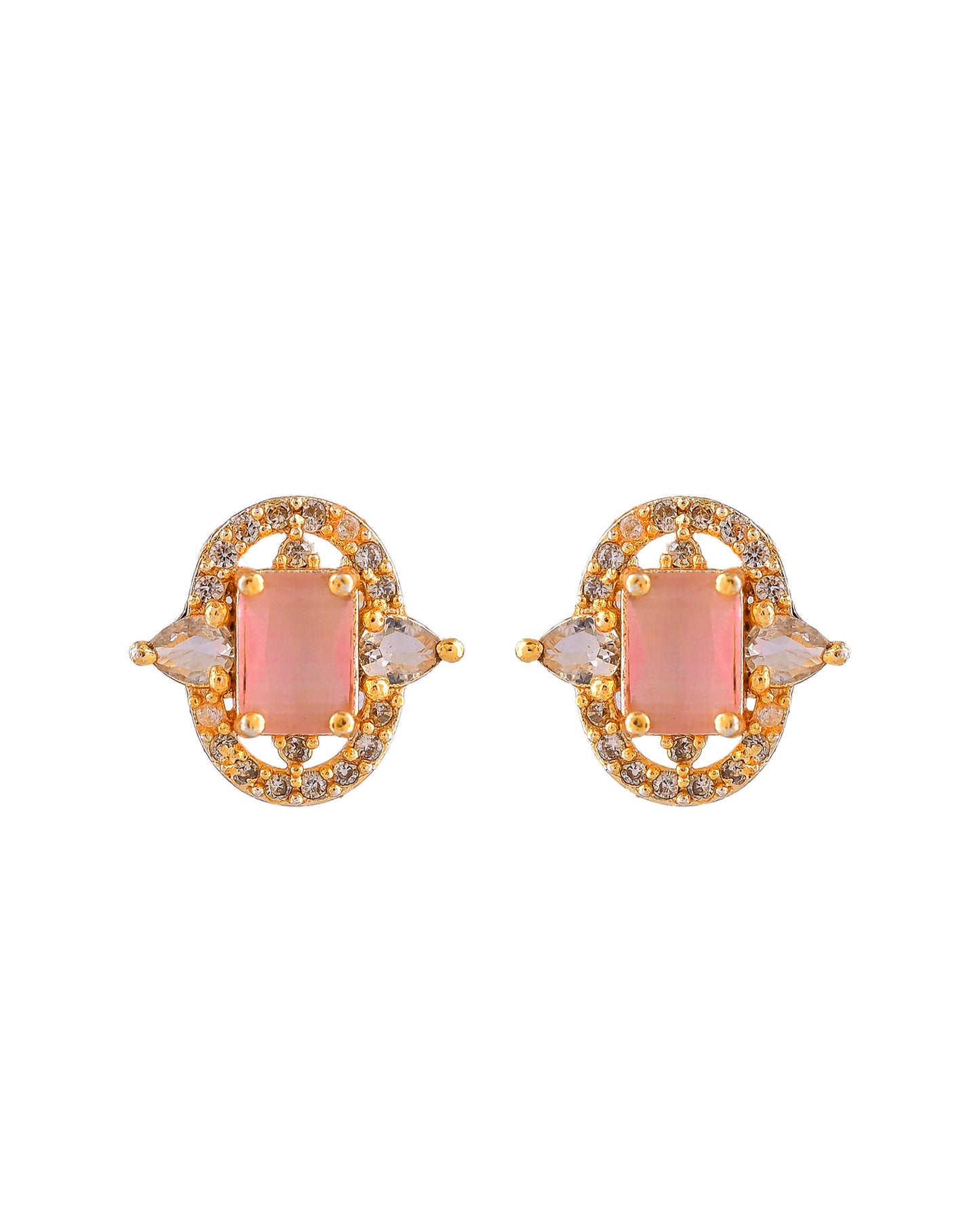 VOJ Gold Plated Baby Pink Rectangular Shaped And Ad Stone Studded Chain Set