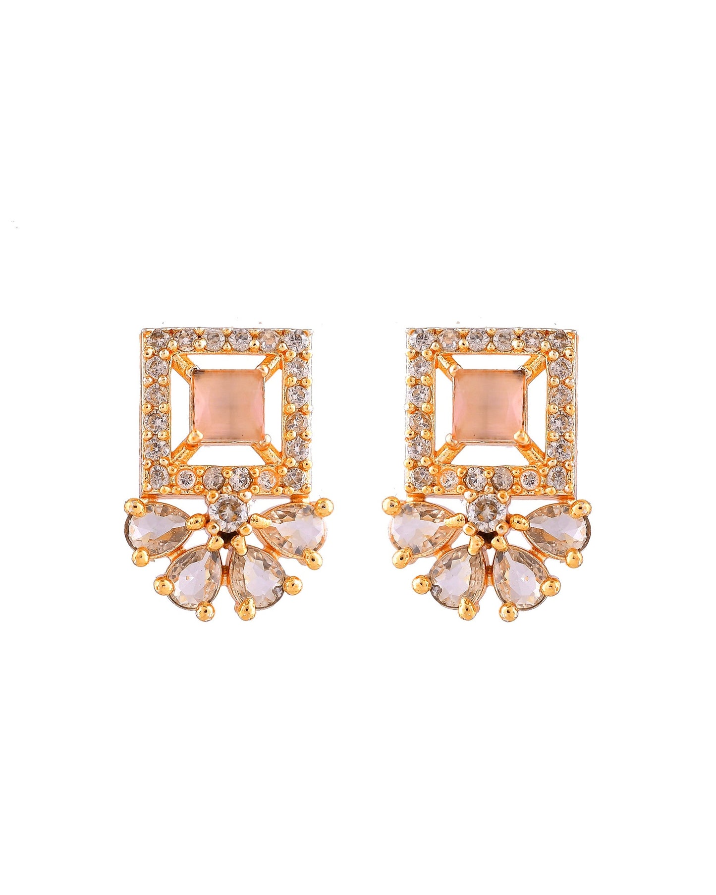VOJ Gold Plated Baby Pink Square Ad Stone Studded Chain Set
