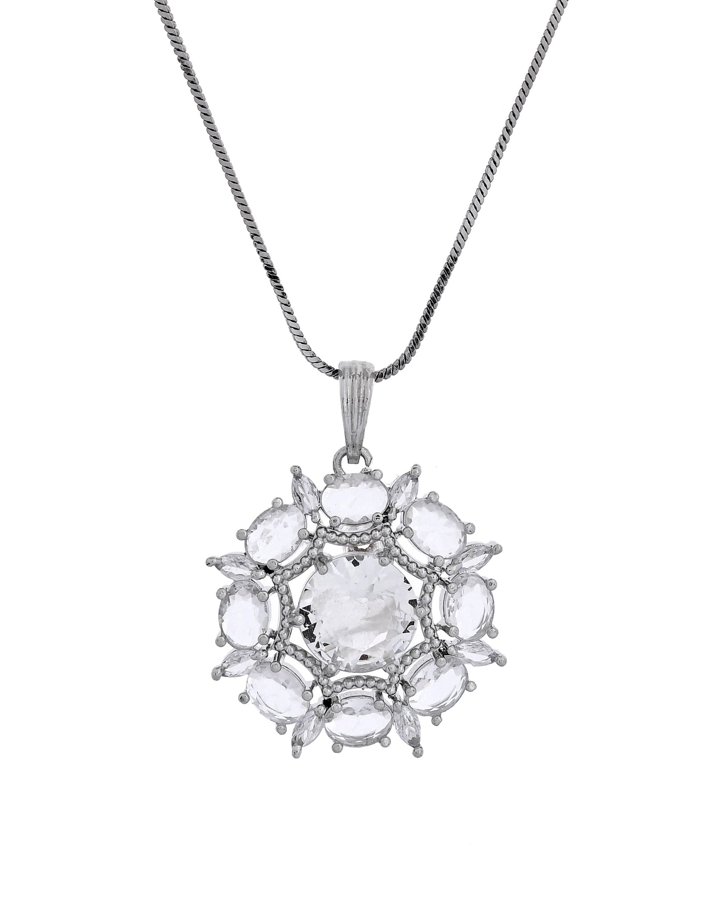 VOJ Silver Plated Circular Stone Studded Floral Shaped Ad Chain Set