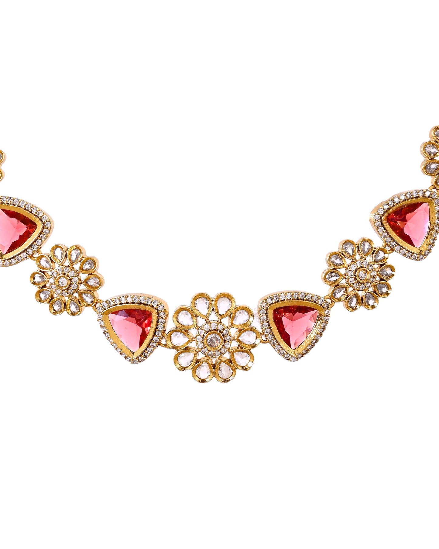 VOJ Gold Tone Floral With Ruby Red Stone Ad Necklace Set