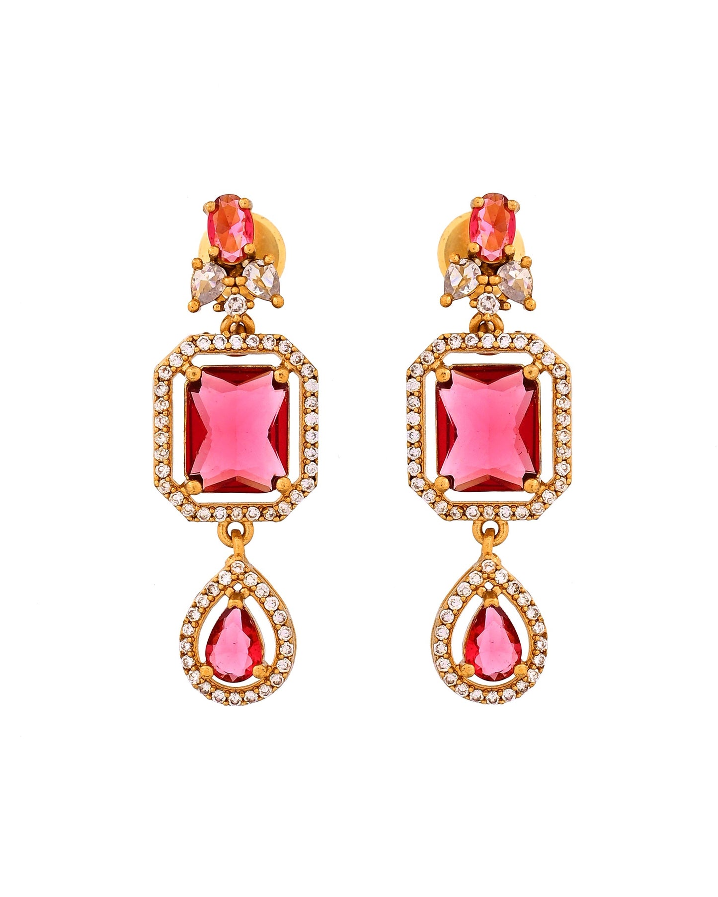 VOJ Gold Plated Dual Layer Ruby Red Stone Studded Jewellery Set