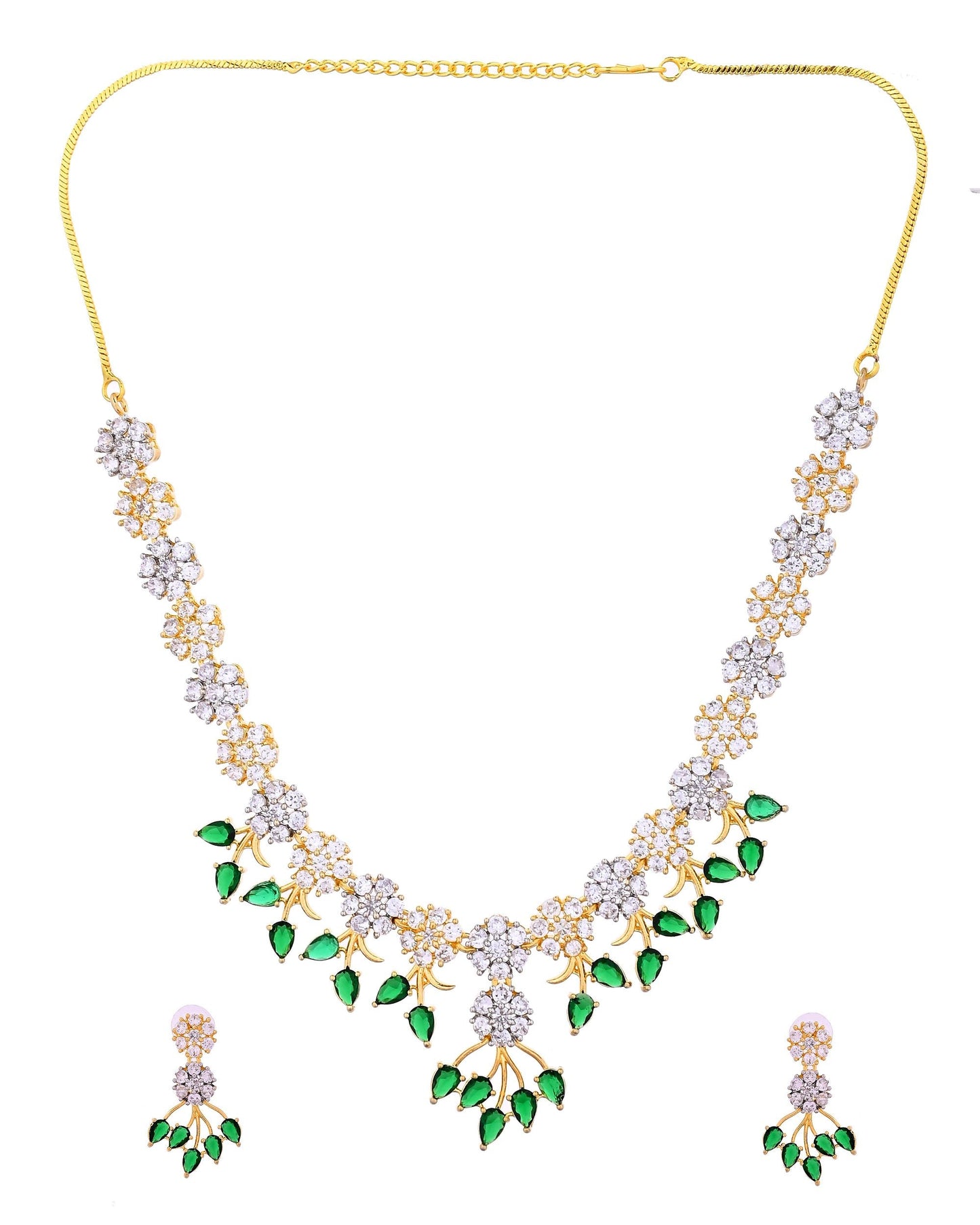 VOJ Gold-Toned Ad Stone Studded Floral Necklace & Earrings Set With Green Stone Drops
