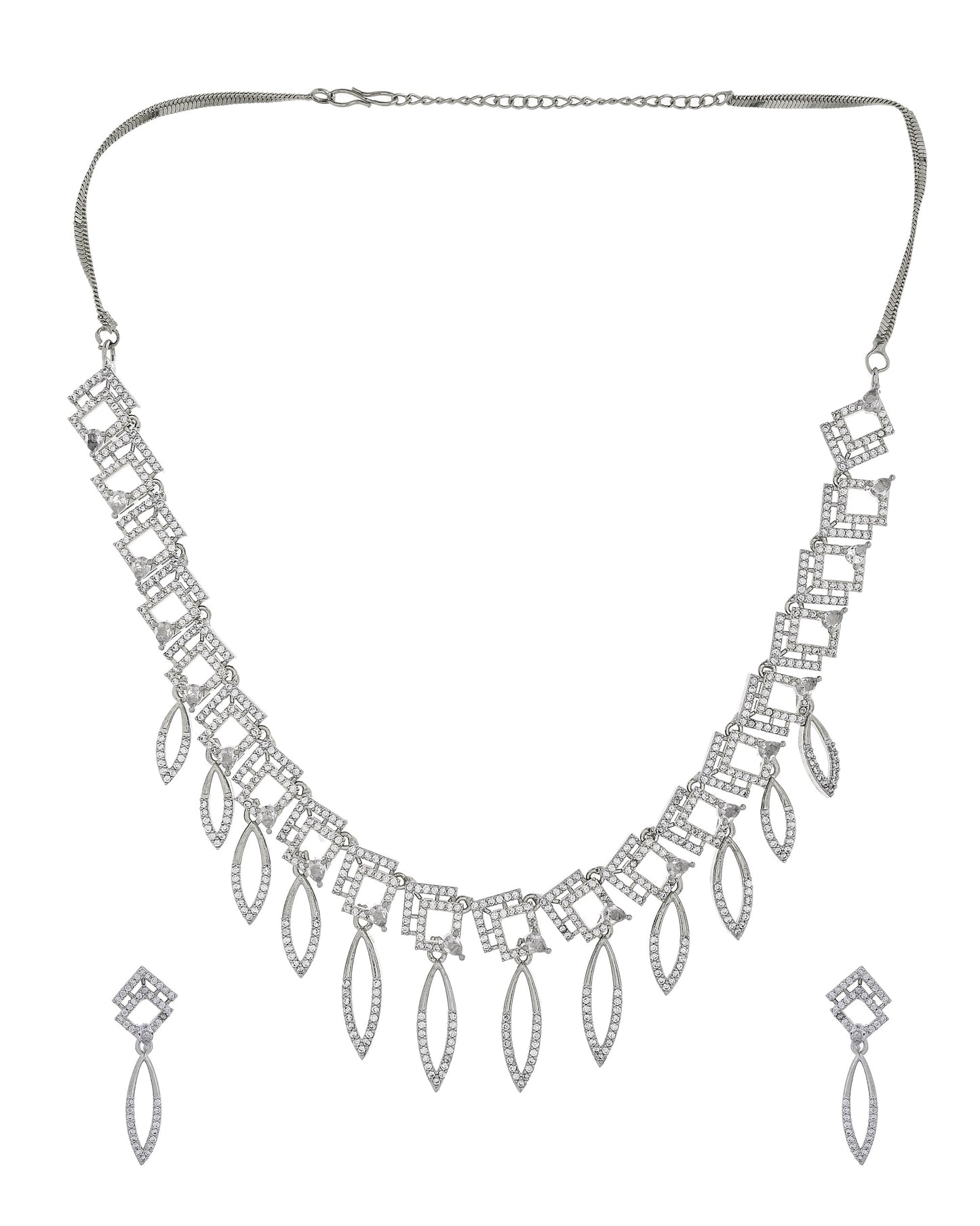 VOJ Silver Plated Ad Studded Square And Leaf Shaped Necklace Set