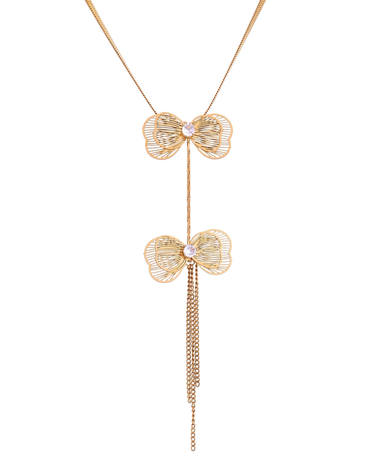 VOJ Gold-Toned Butterfly Design Pendant Necklace With Tassel Earrings Set